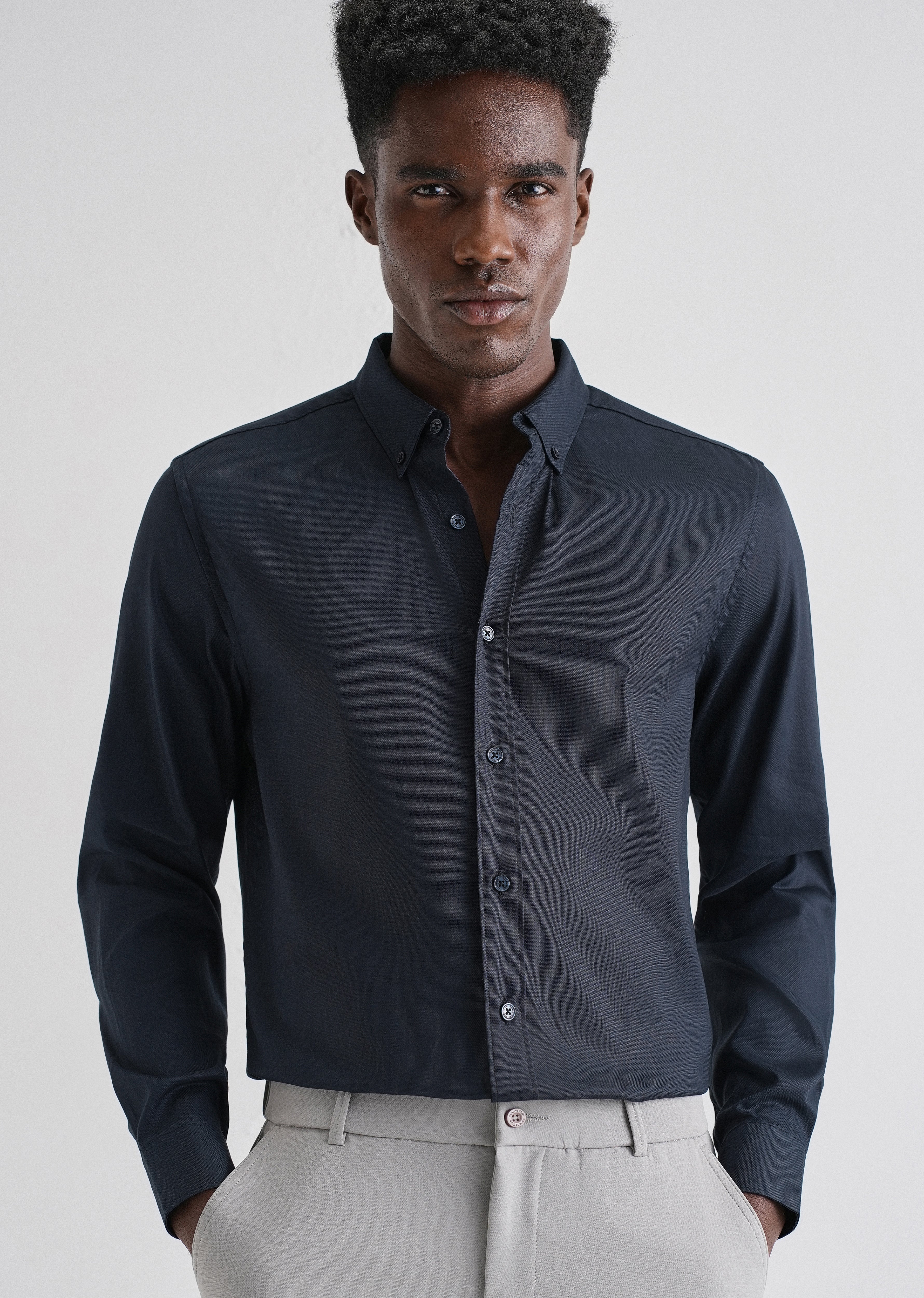 Navy Blue Plain Blended Cotton Regular Fit Shirt - Image 7