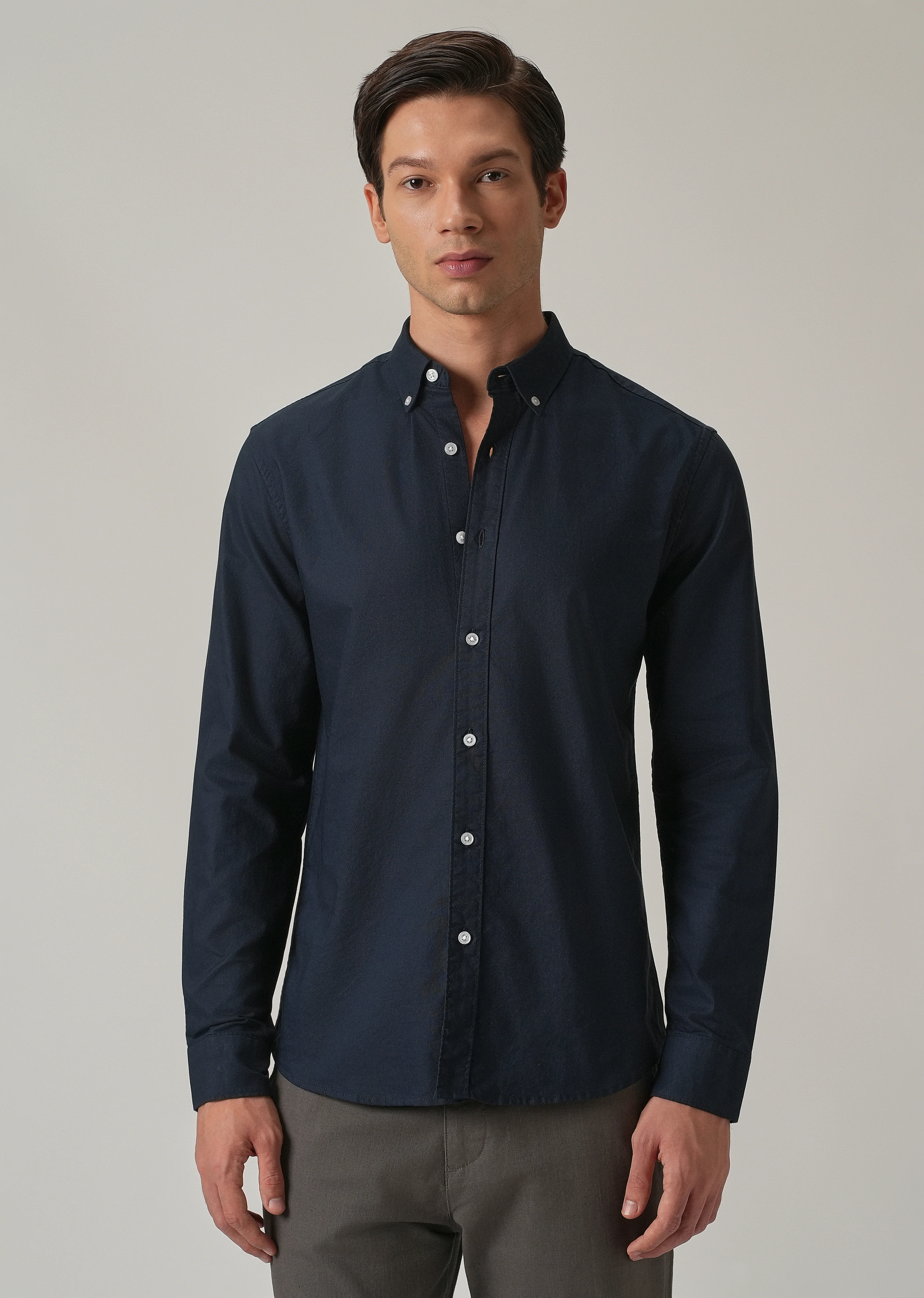 Navy Blue Plain Elbow Patch Oxford Shirt - Image 4