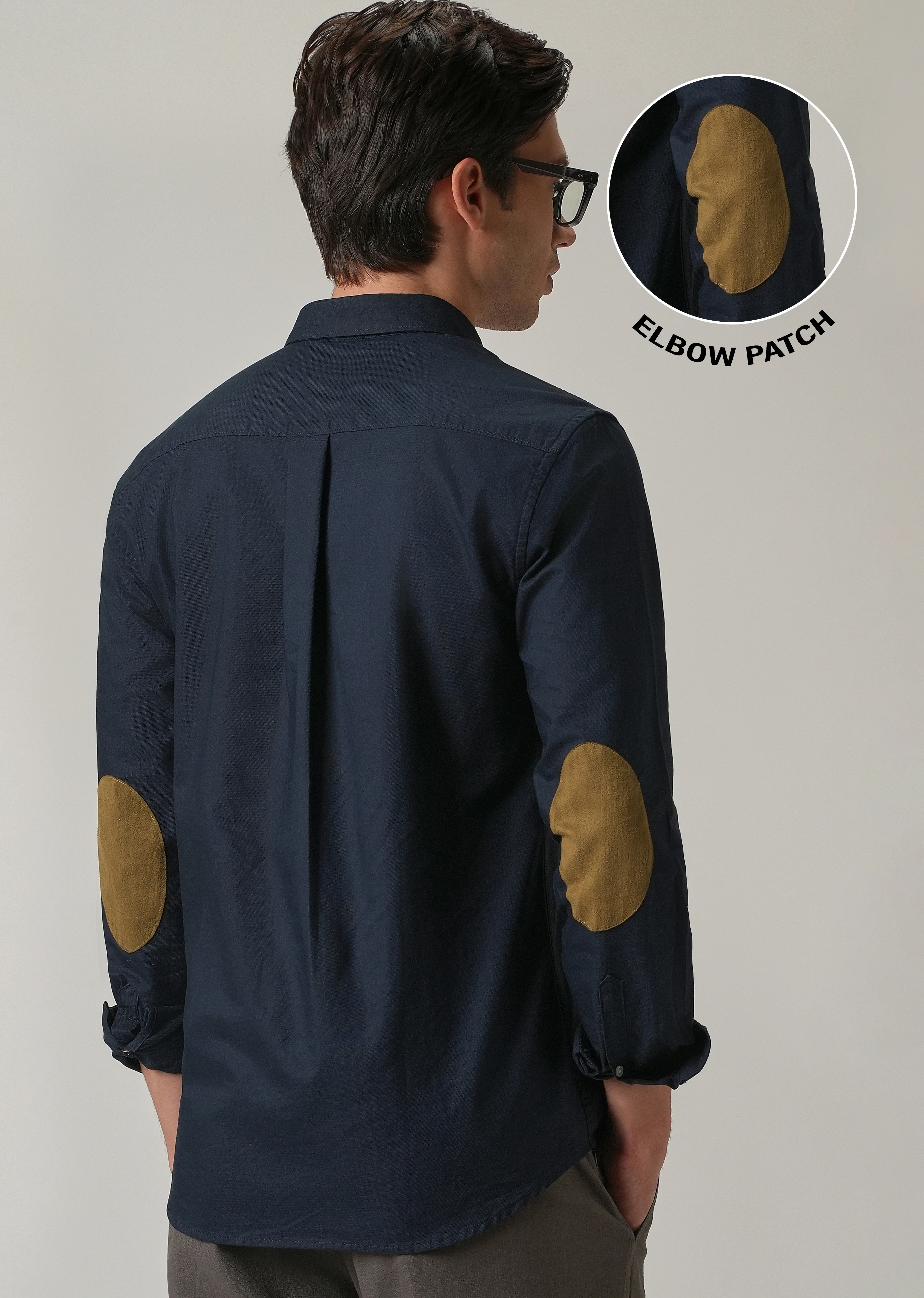 Navy Blue Plain Elbow Patch Oxford Shirt - Image 9