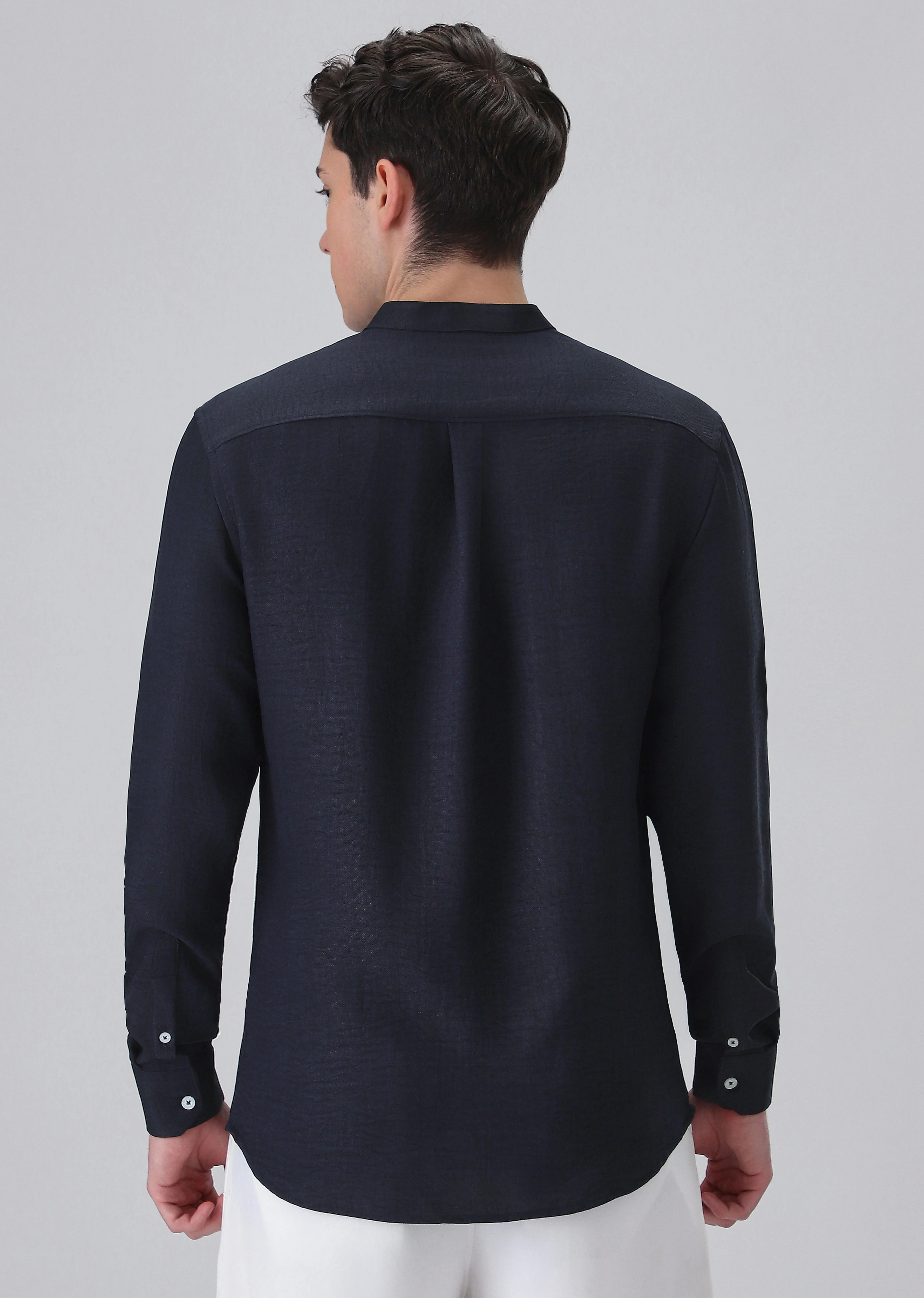 Navy Blue Plain Mandarin Collar Shirt - Image 2