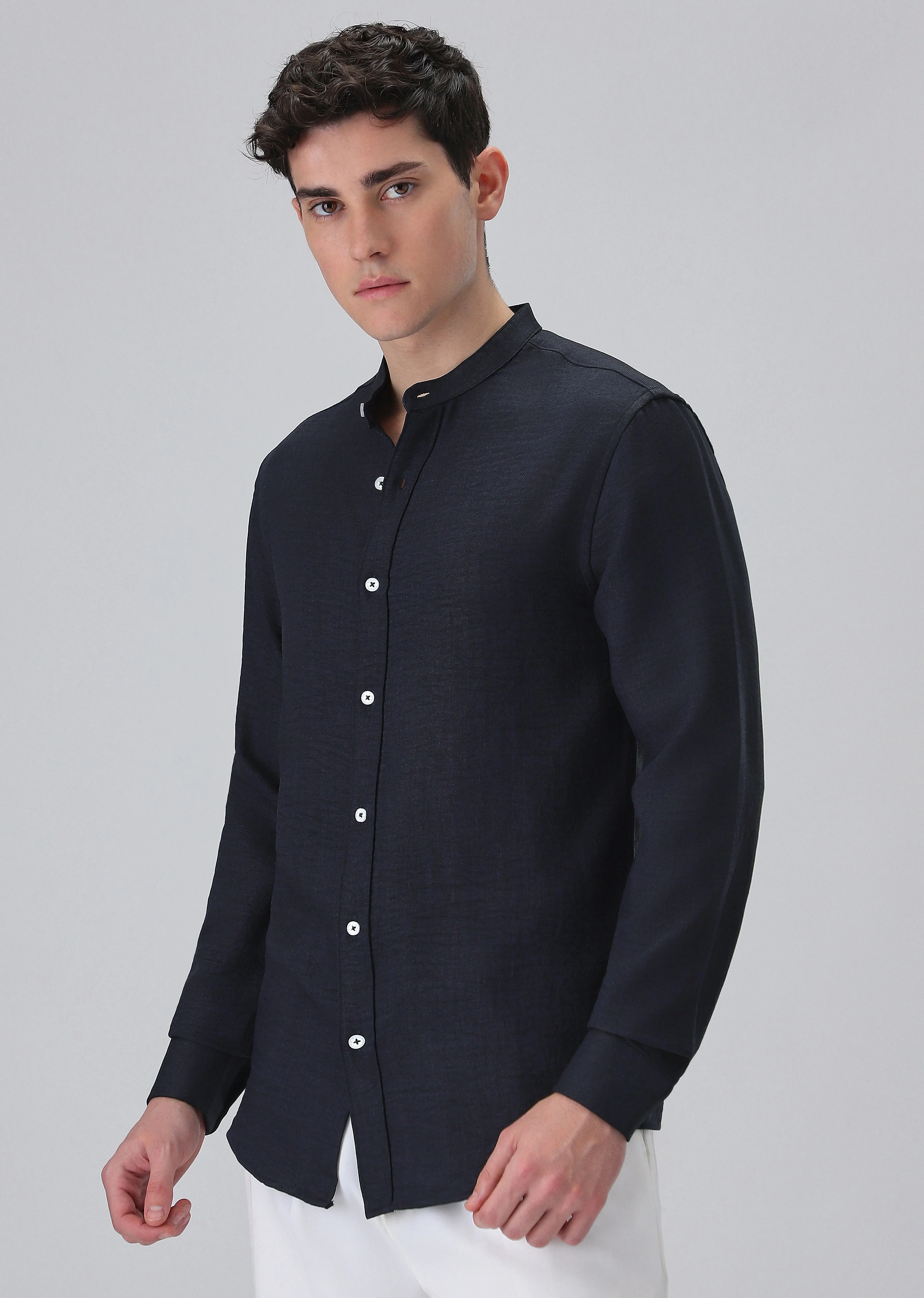Navy Blue Plain Mandarin Collar Shirt - Image 4
