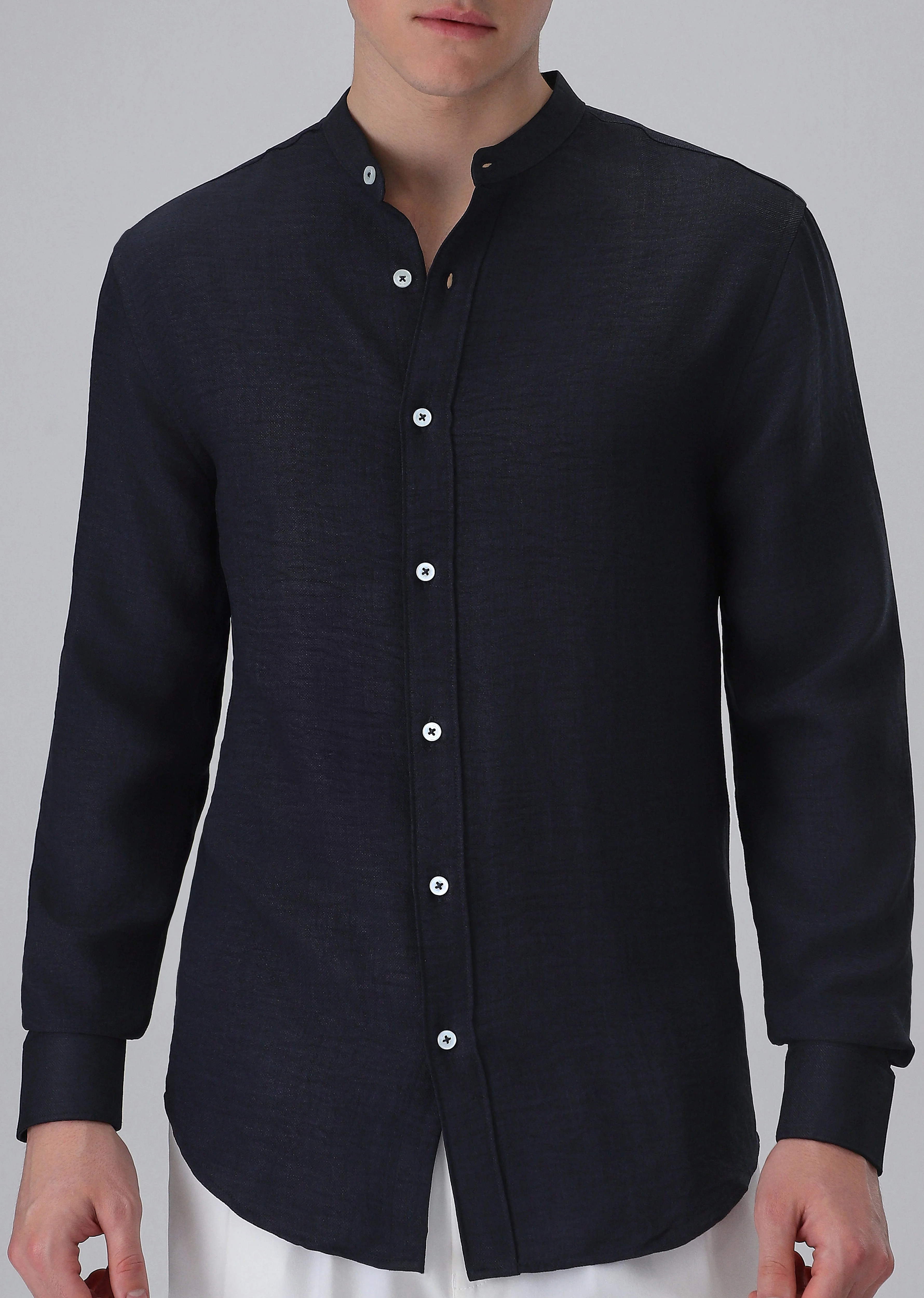 Navy Blue Plain Mandarin Collar Shirt - Image 7