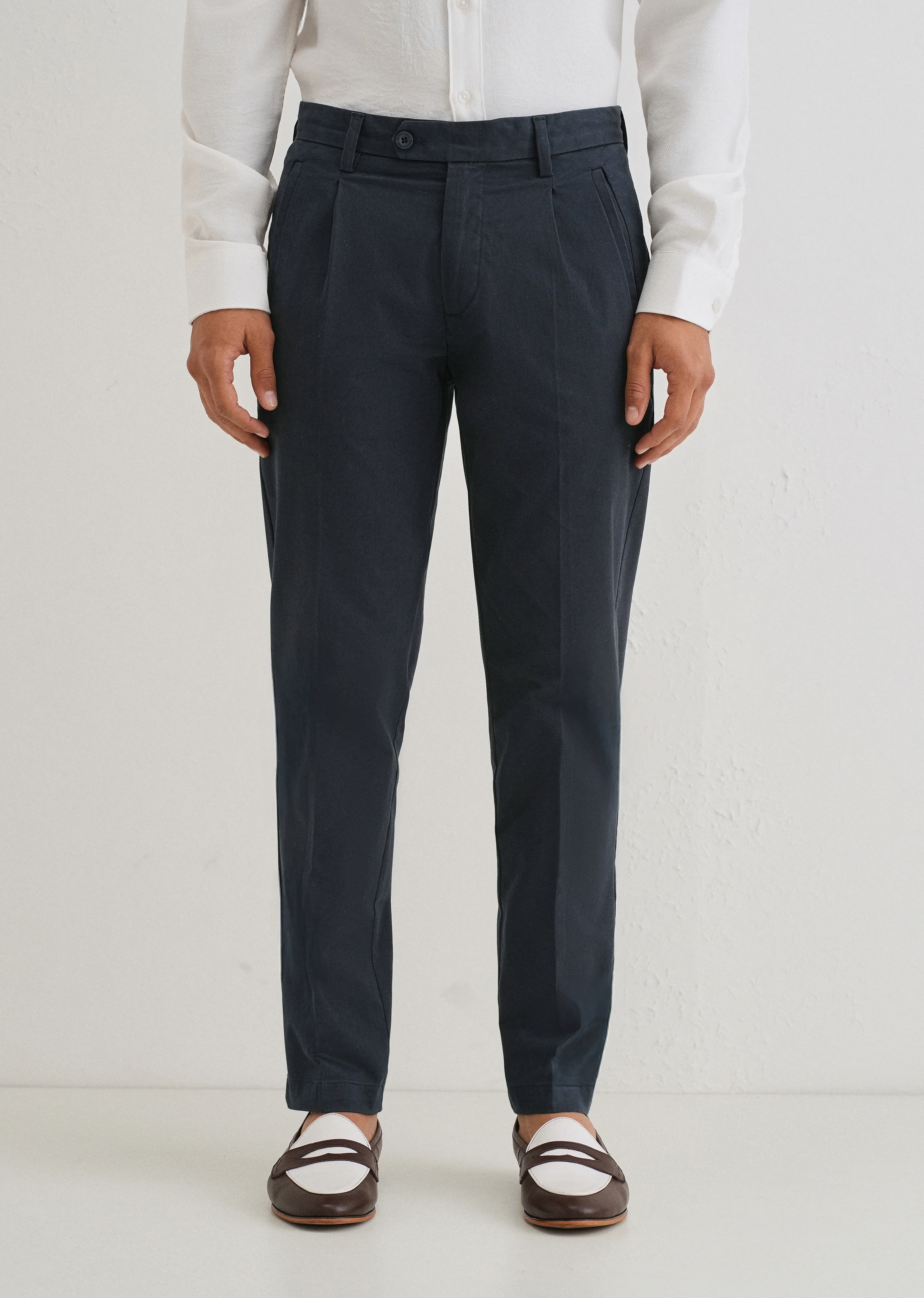 Navy Blue Plain Pleated Chinos - Image 3