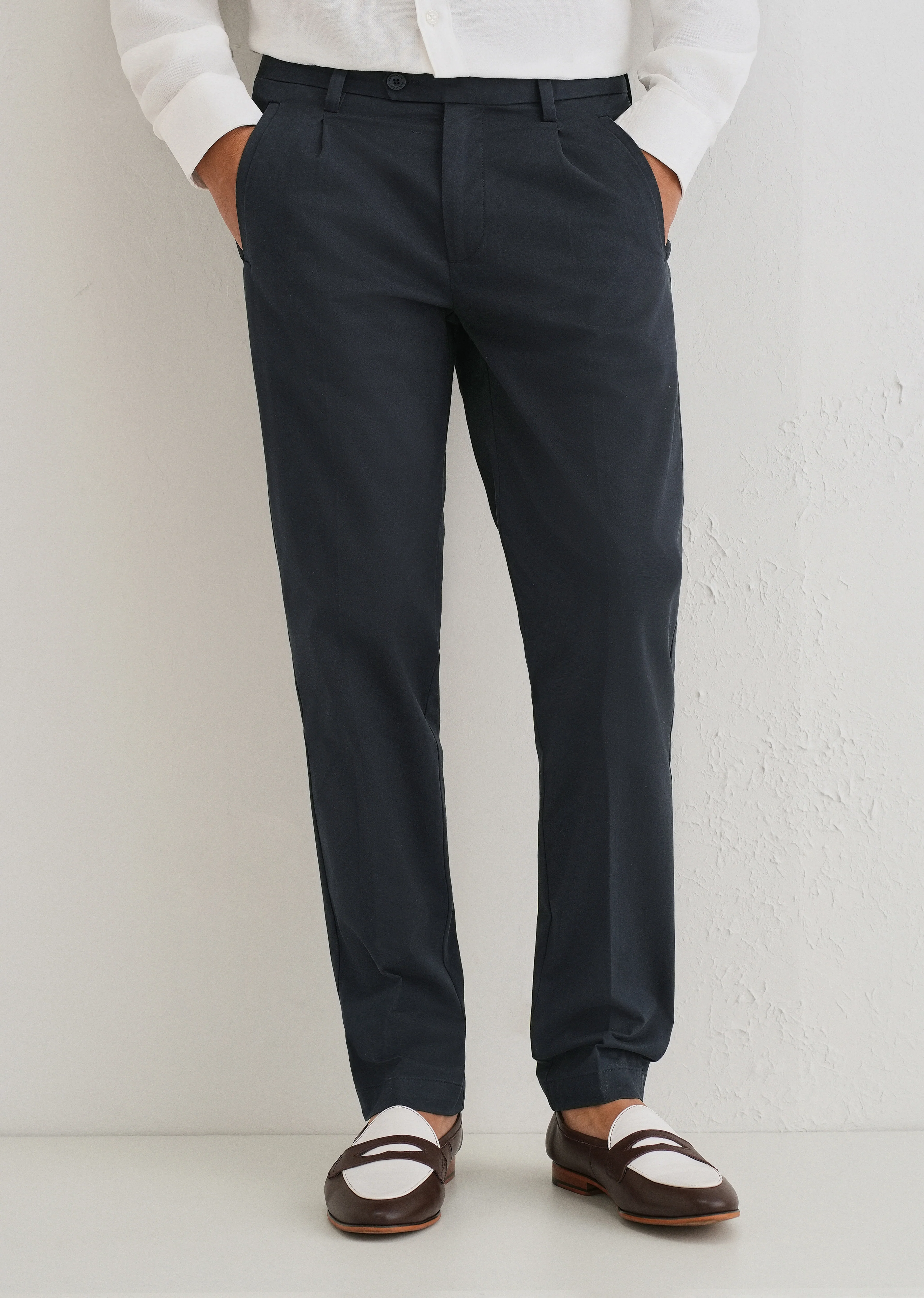 Navy Blue Plain Pleated Chinos - Image 7