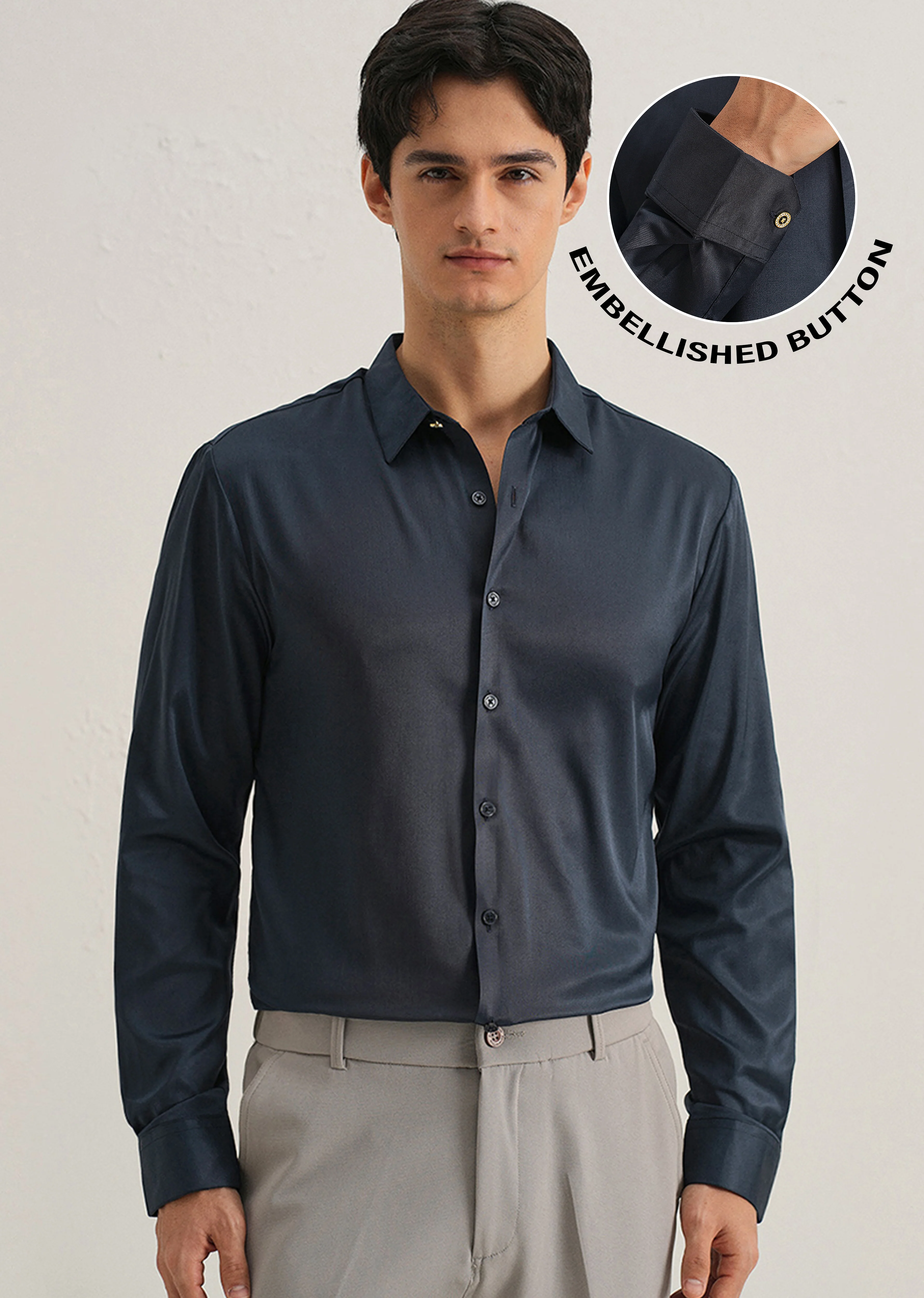 Navy Blue Plain Stitchless Placket Shirt - Image 7