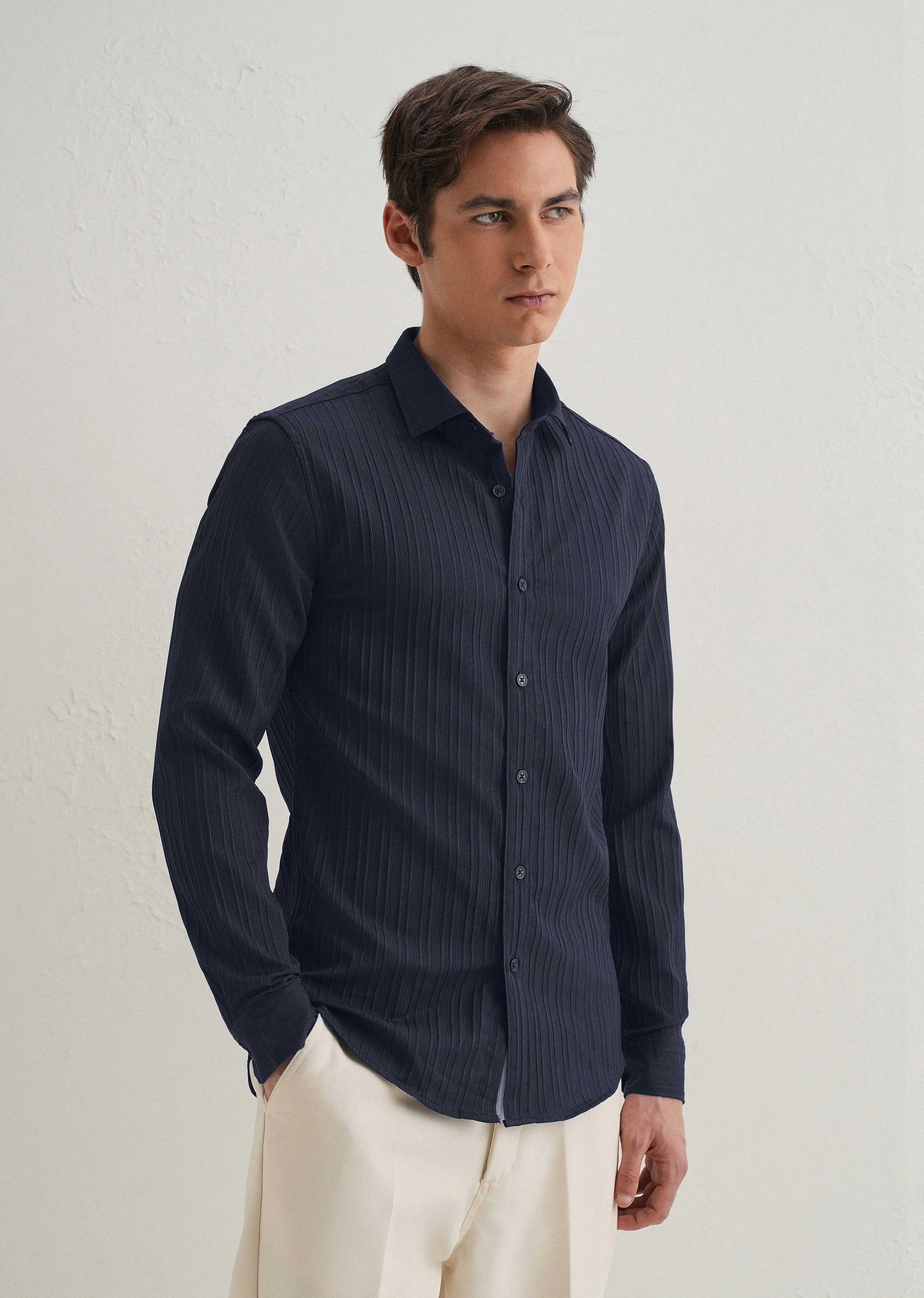 Navy Blue Plain Self Striped Shirt - Image 4