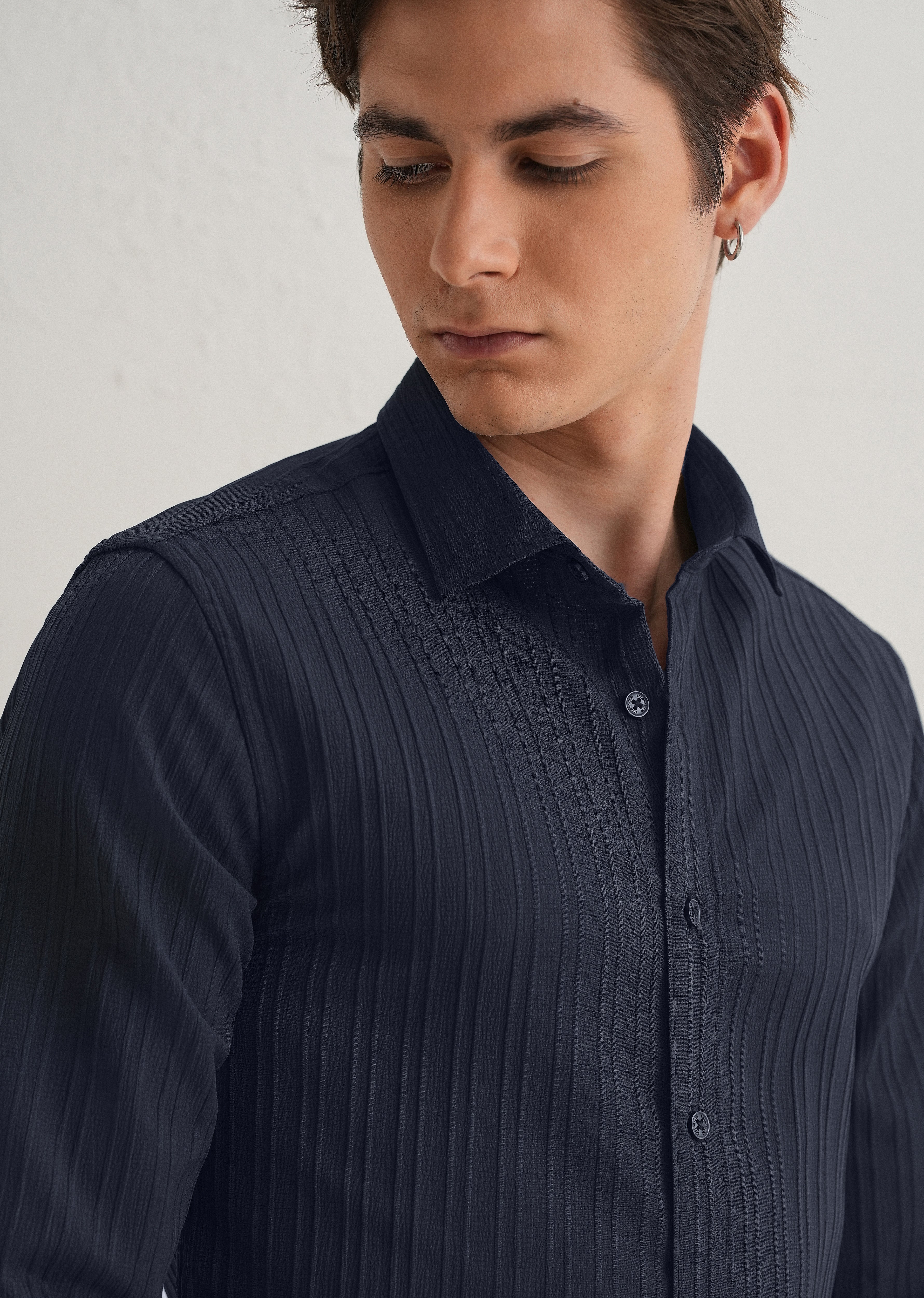 Navy Blue Plain Self Striped Shirt - Image 5