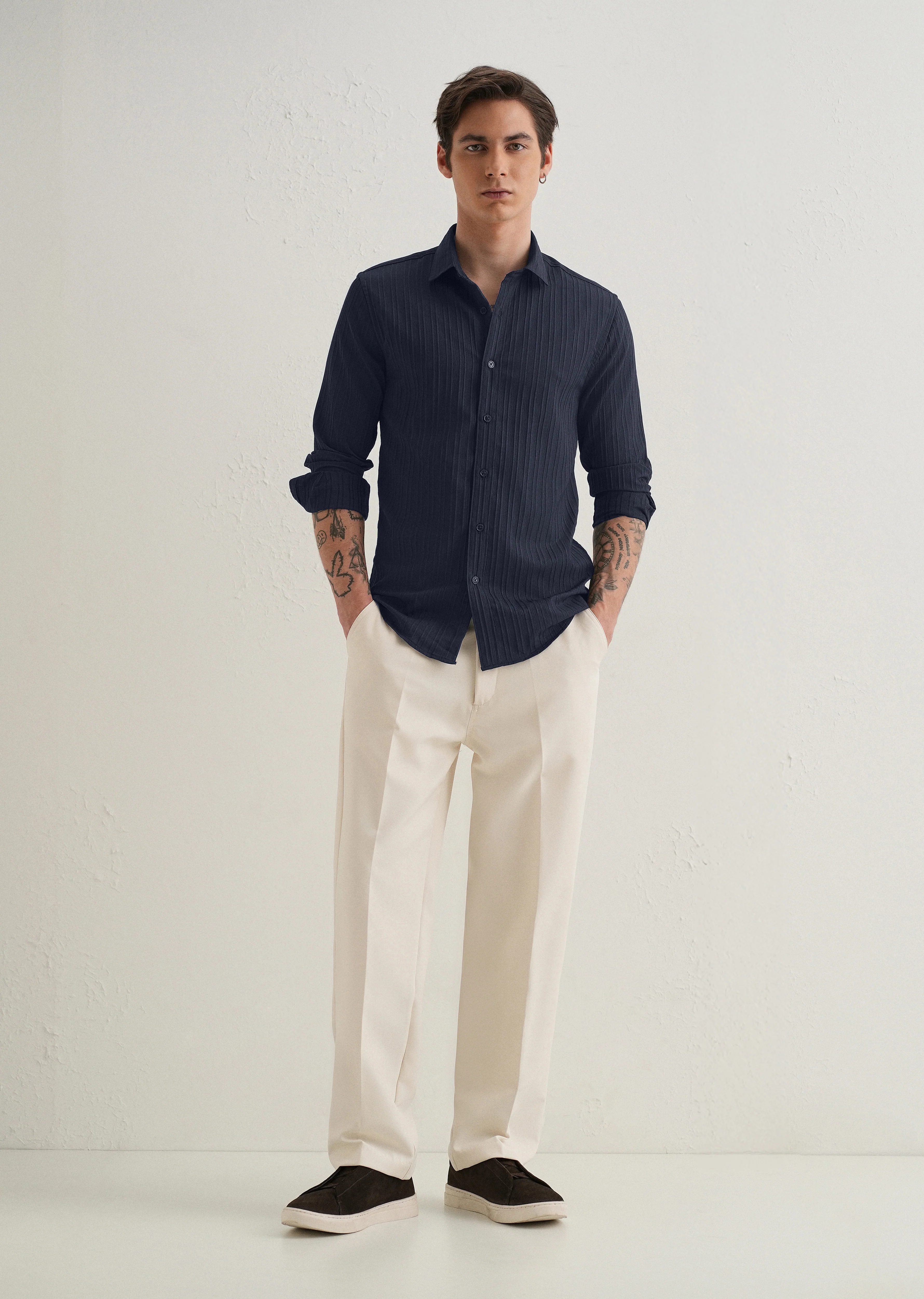 Navy Blue Plain Self Striped Shirt - Image 6