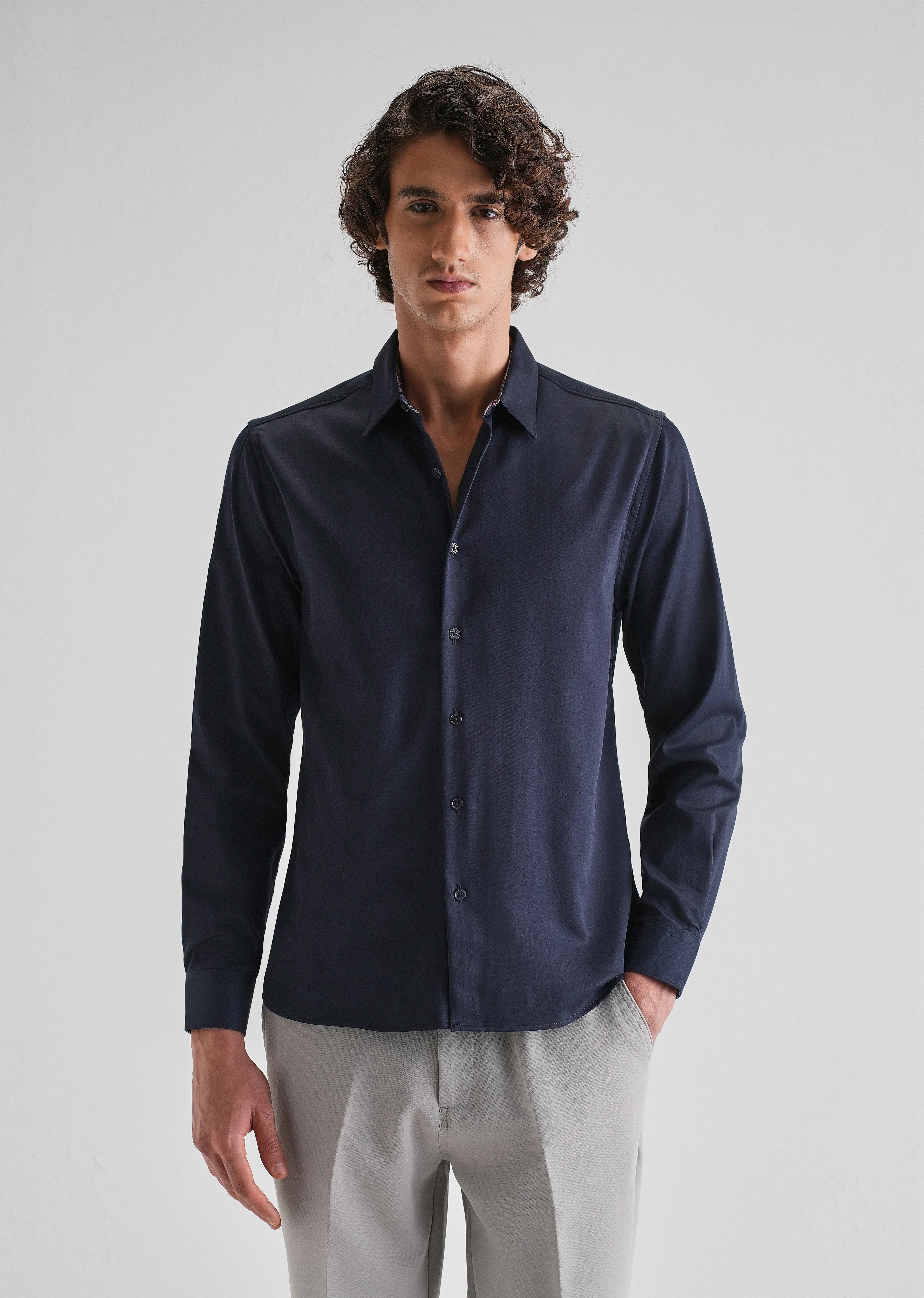 Navy Blue Printed Cuff Shirt - Image 3