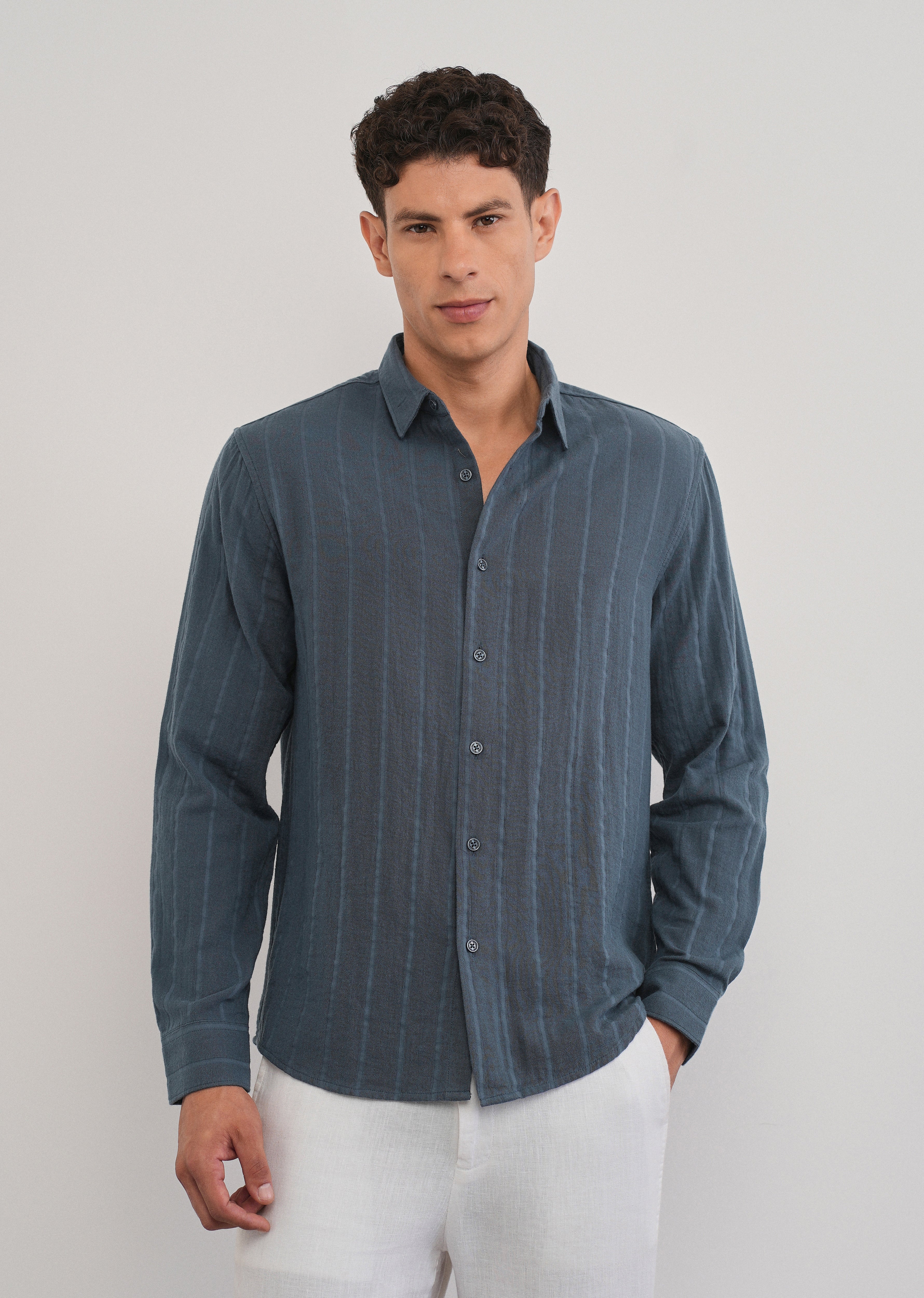 Navy Blue Self Striped Cotton Shirt - Image 3