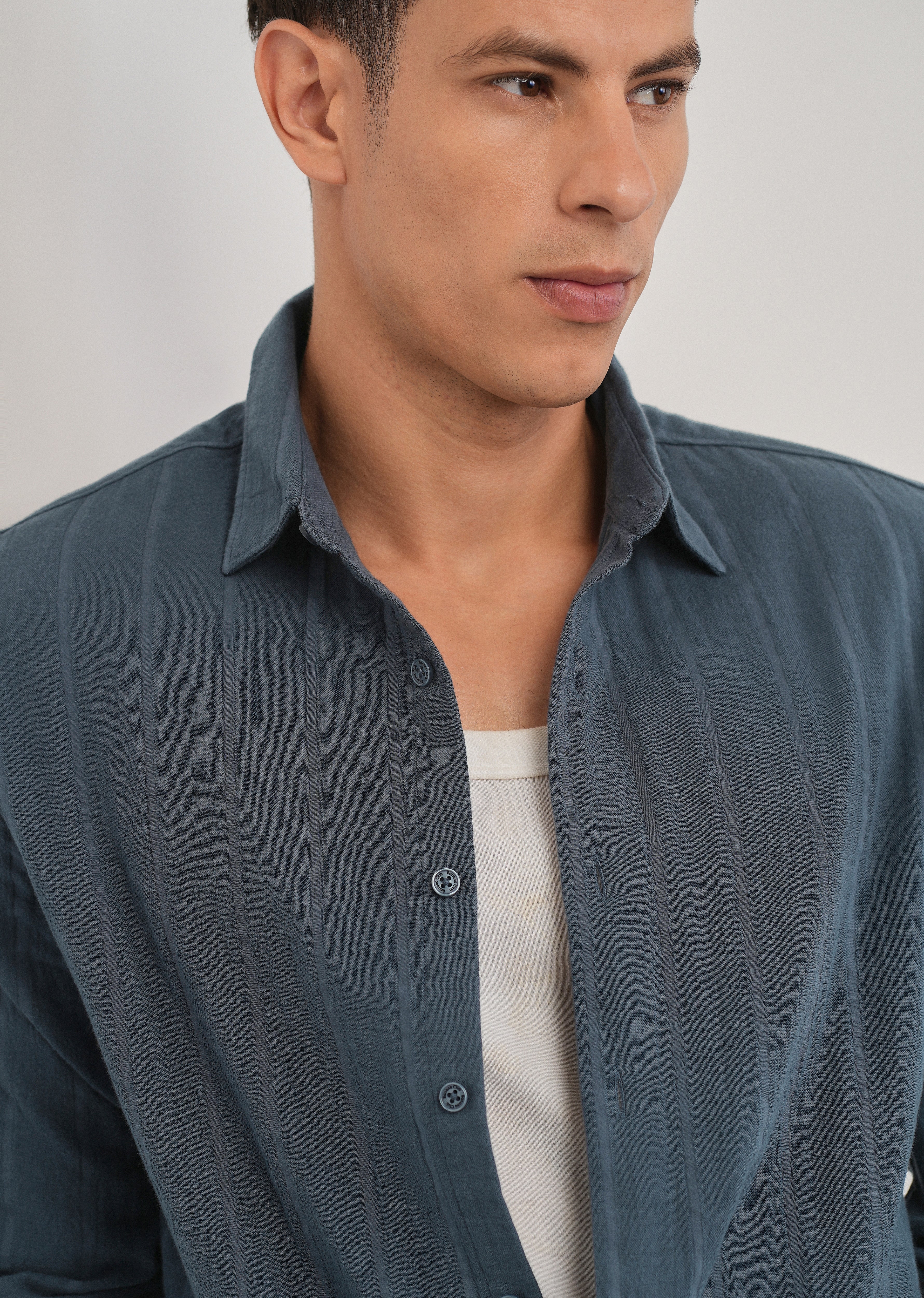 Navy Blue Self Striped Cotton Shirt - Image 5