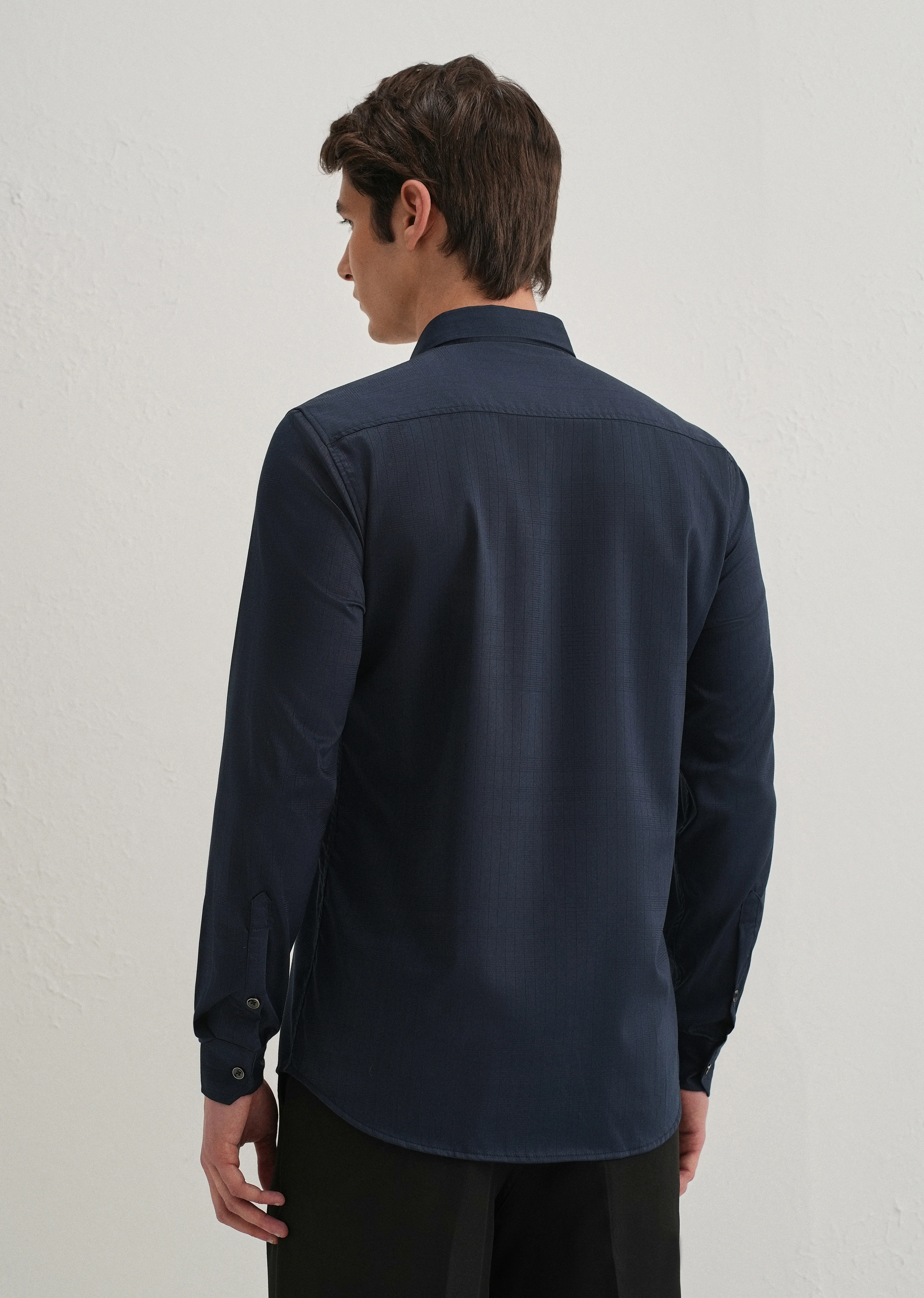 Navy Blue Self Striped Plain Shirt - Image 3