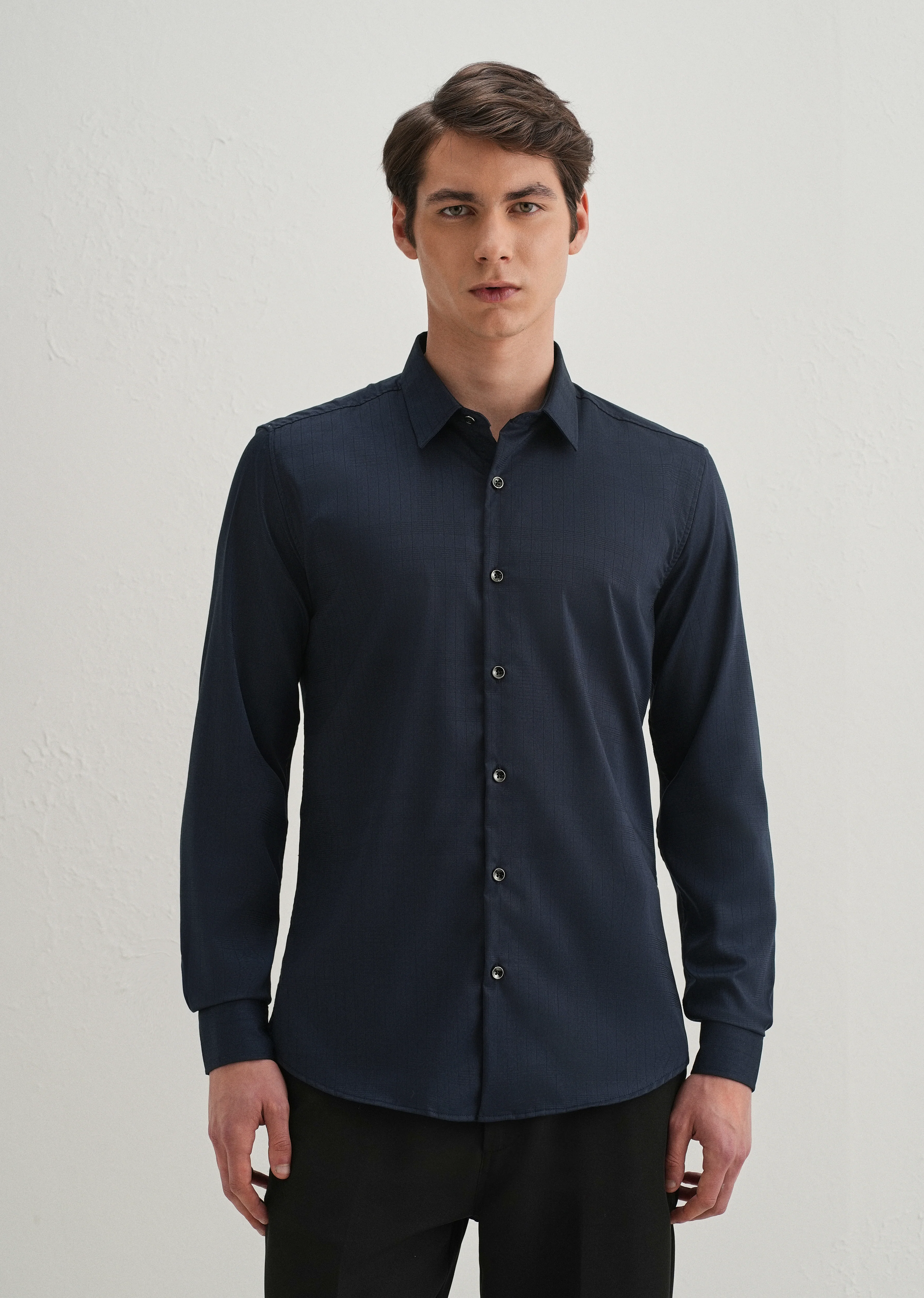 Navy Blue Self Striped Plain Shirt - Image 4