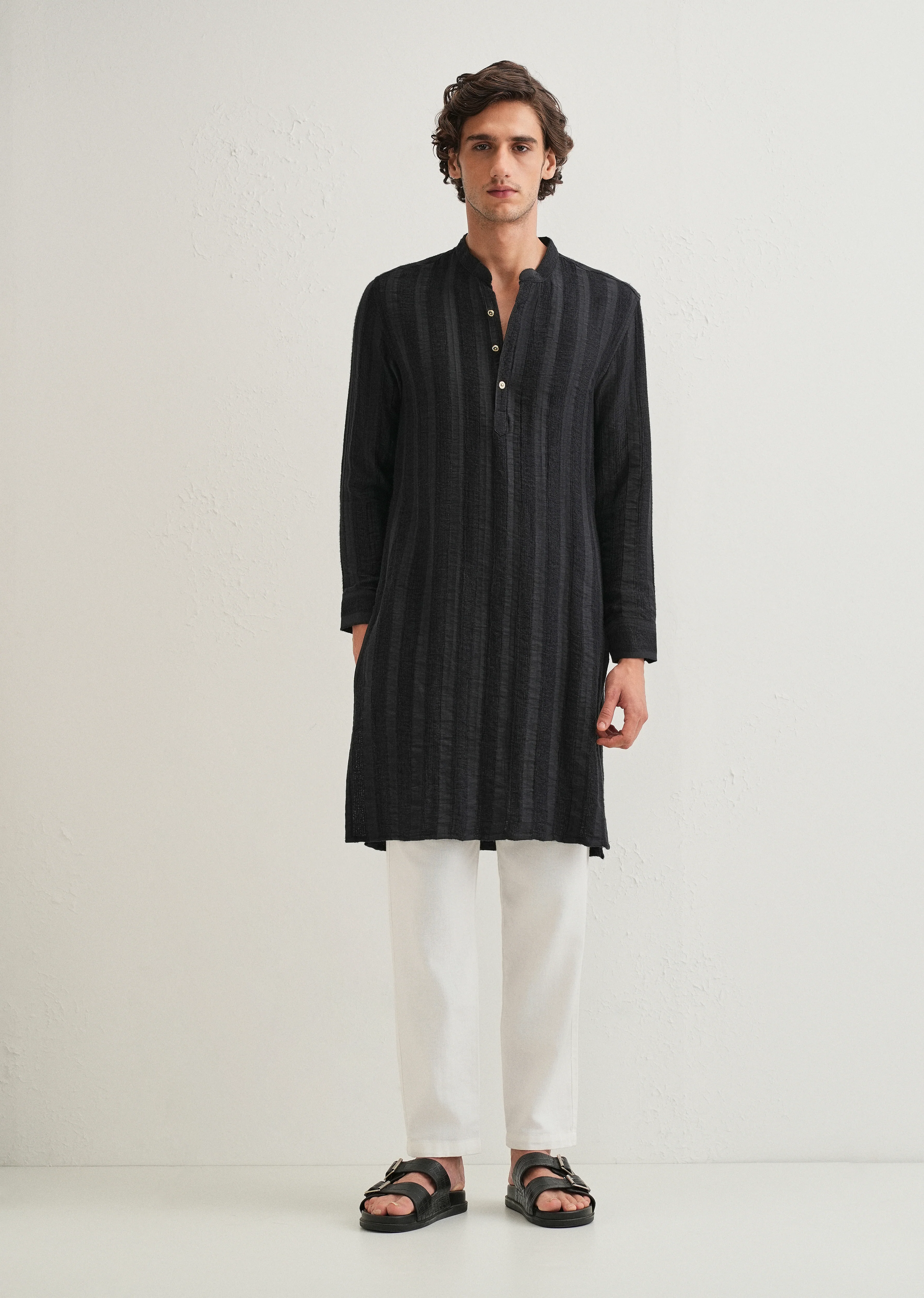Navy Blue Textured Vertical Stripe Kurta - Image 4