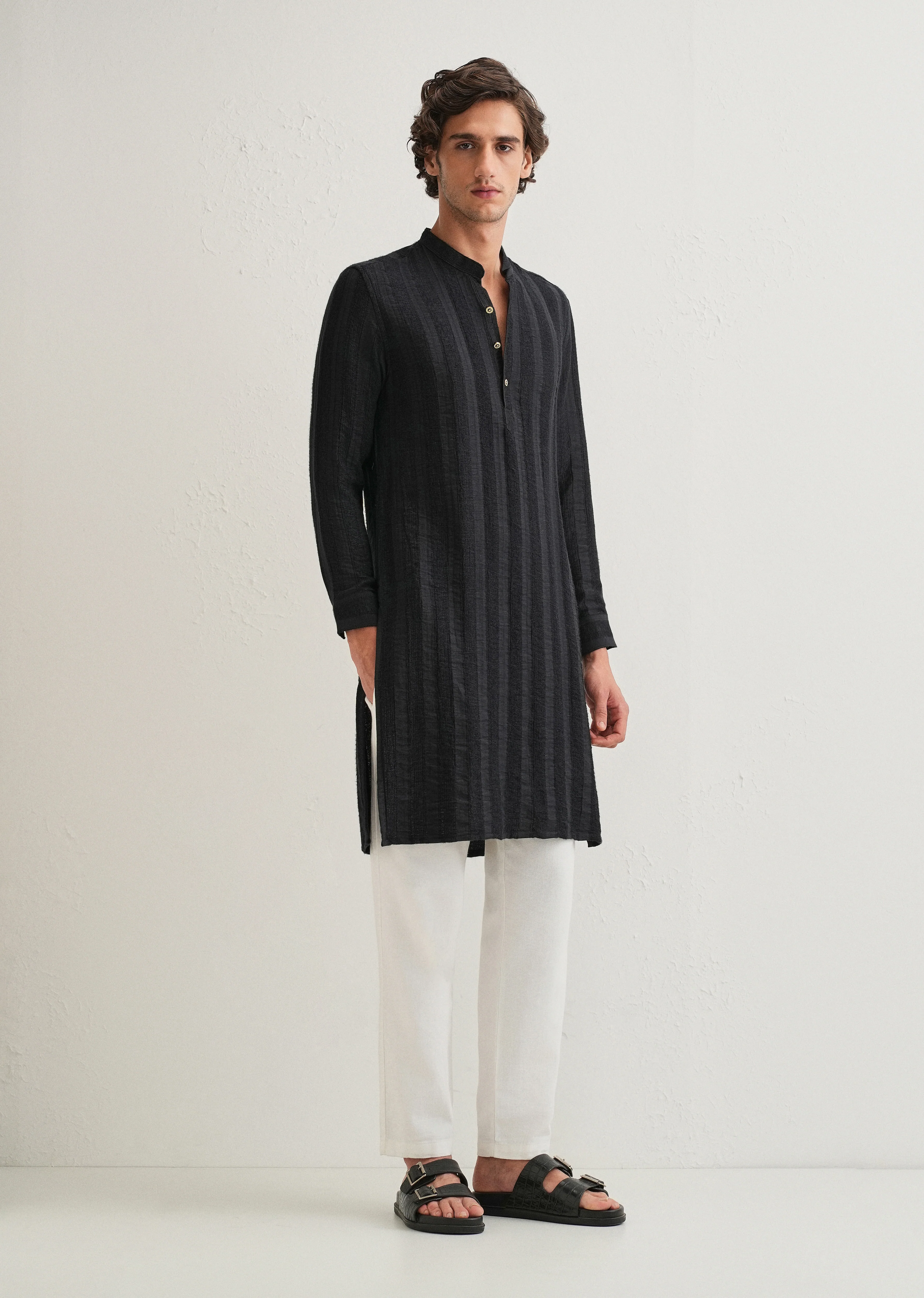 Navy Blue Textured Vertical Stripe Kurta - Image 5