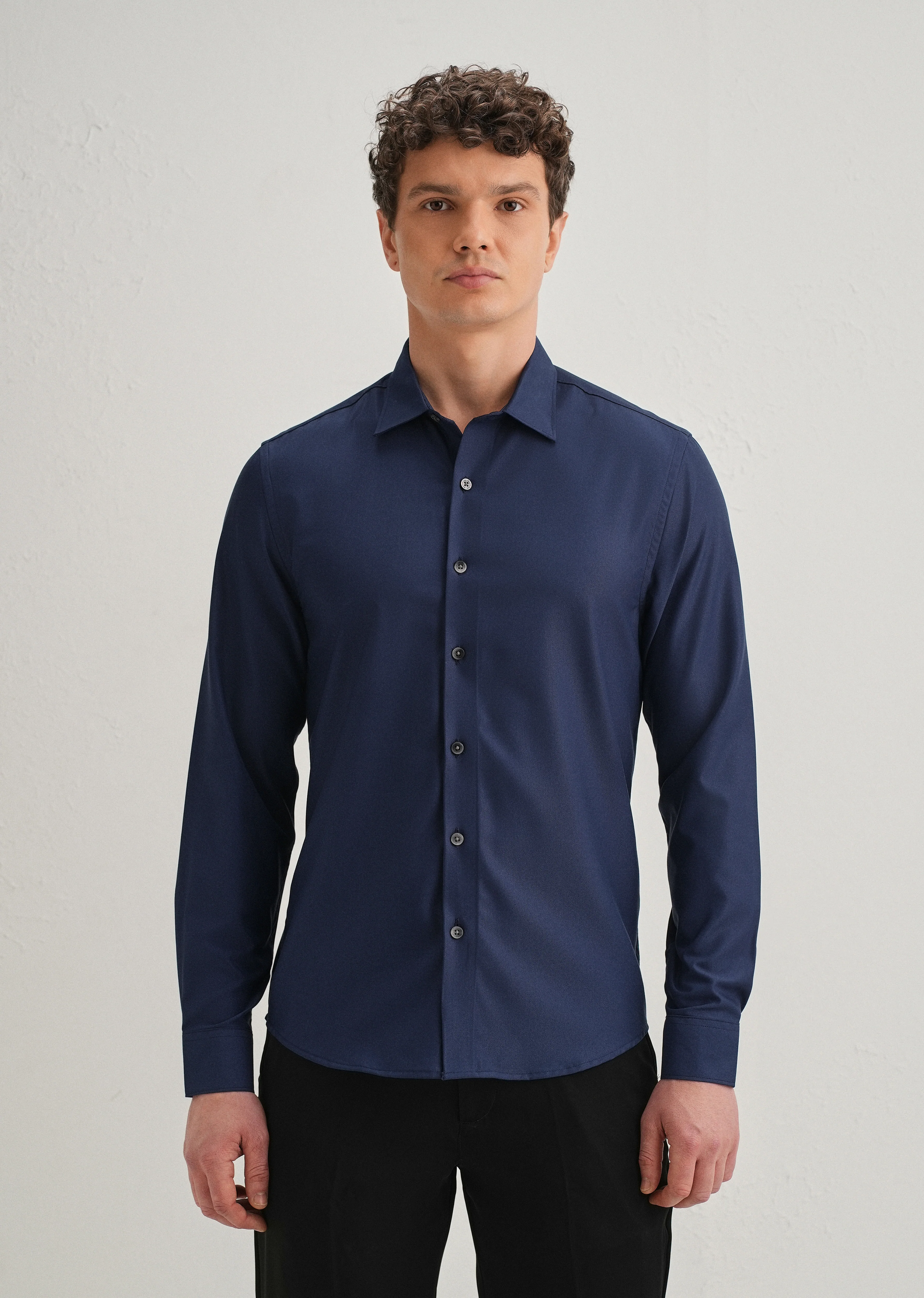 Navy Blue Stitchless Placket Premium Wrinkle-Free Shirt - Image 4