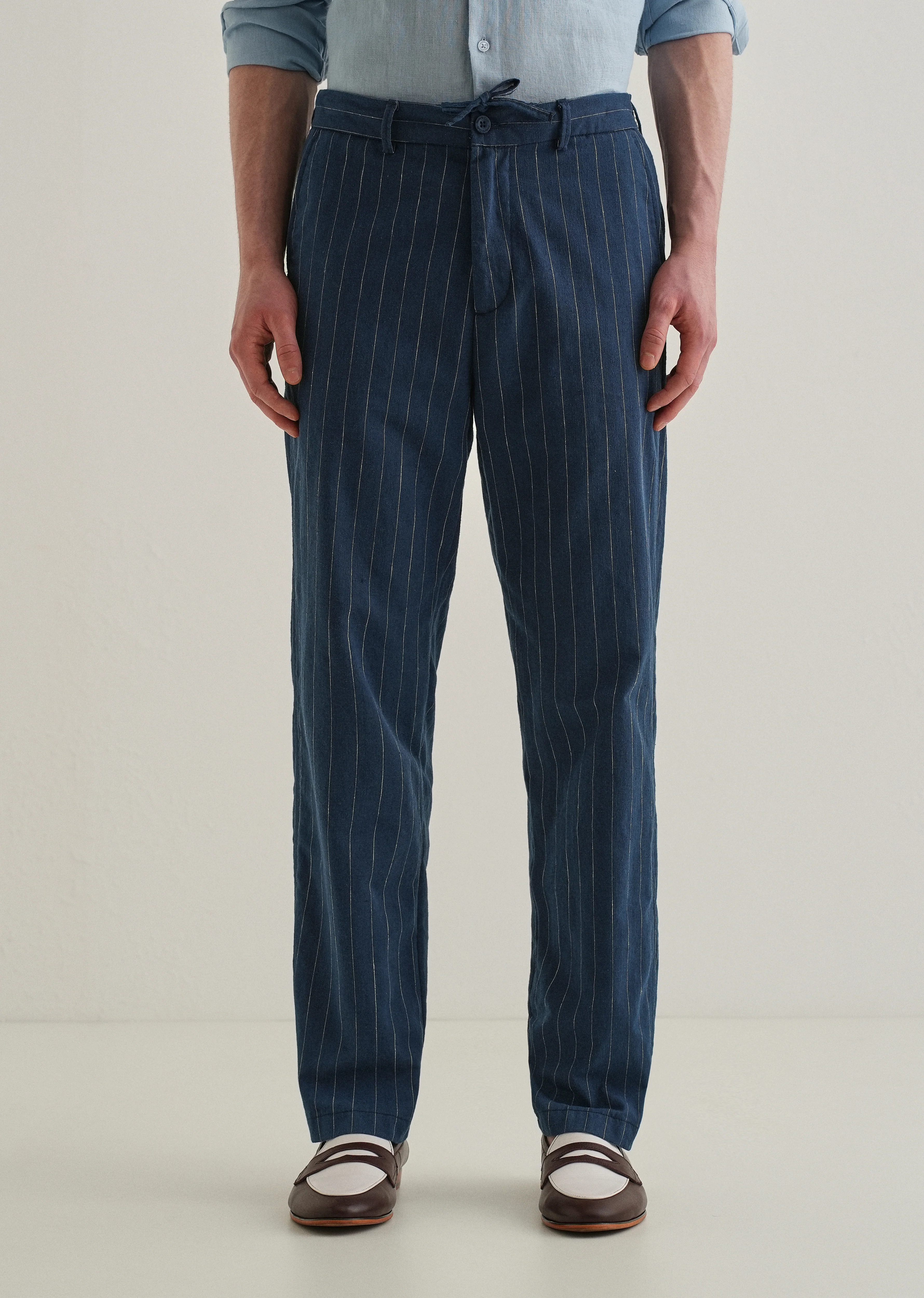 Navy Blue Stripe Relaxed Linen Trouser - Image 3