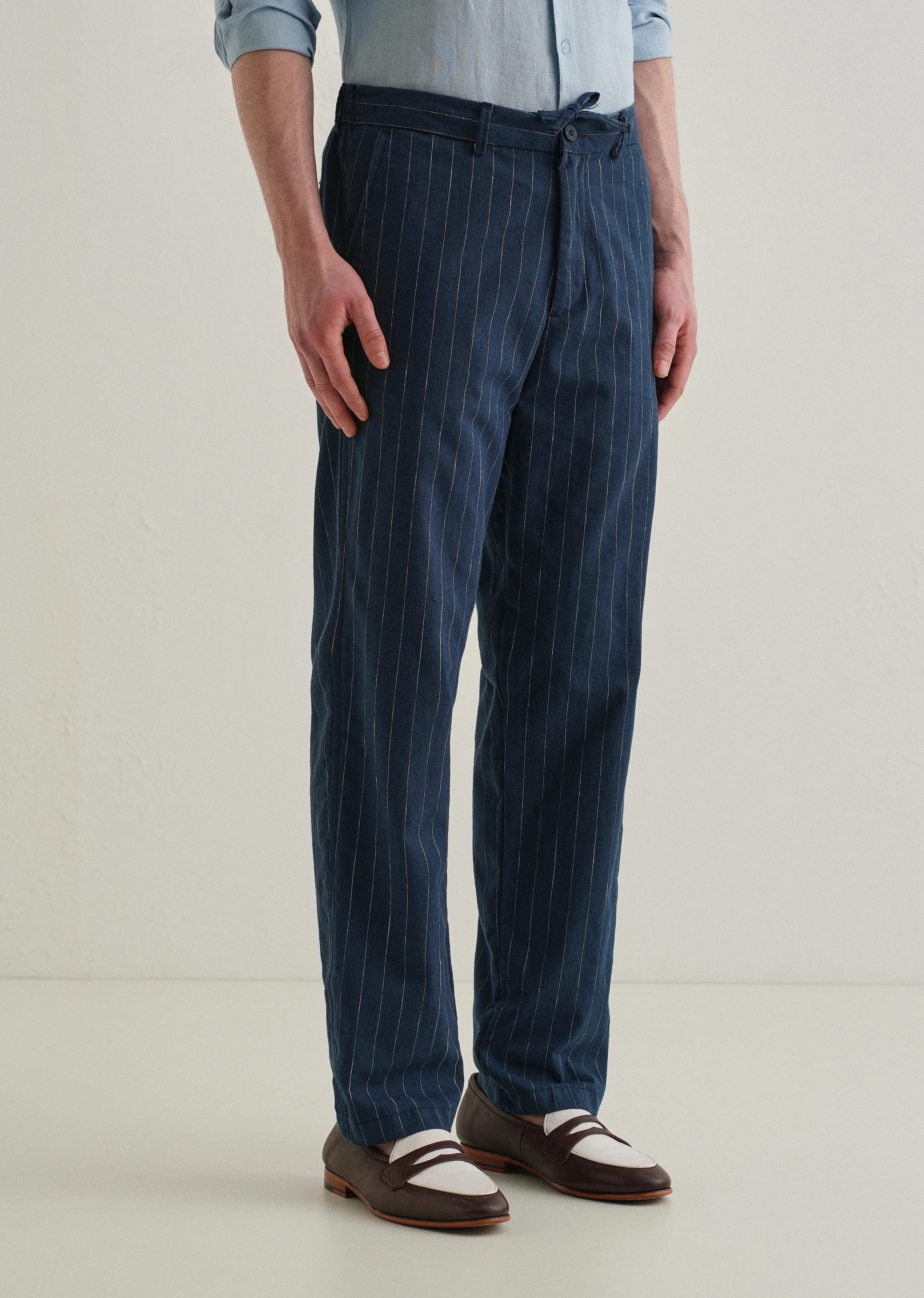 Navy Blue Stripe Relaxed Linen Trouser - Image 4