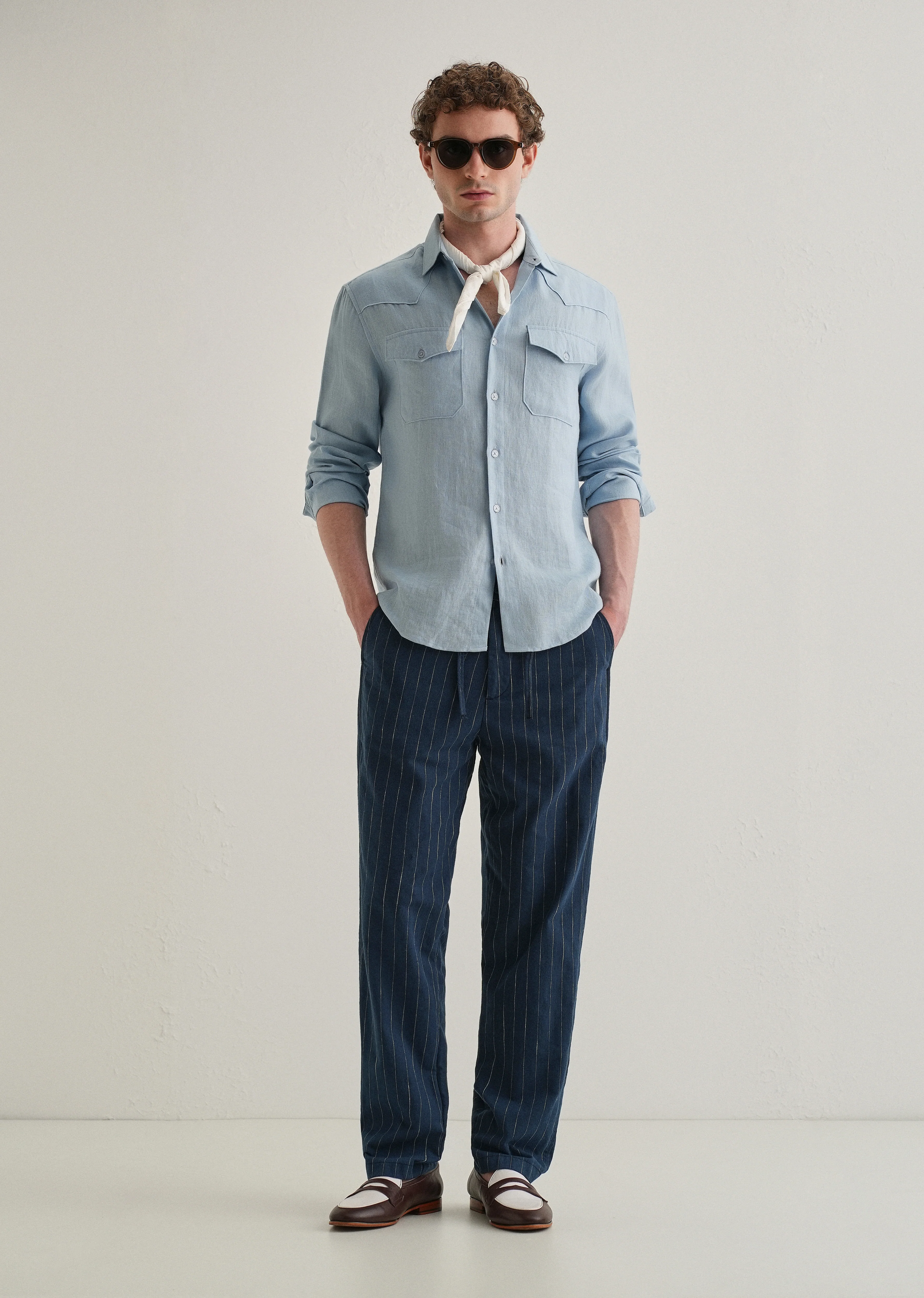 Navy Blue Stripe Relaxed Linen Trouser - Image 6