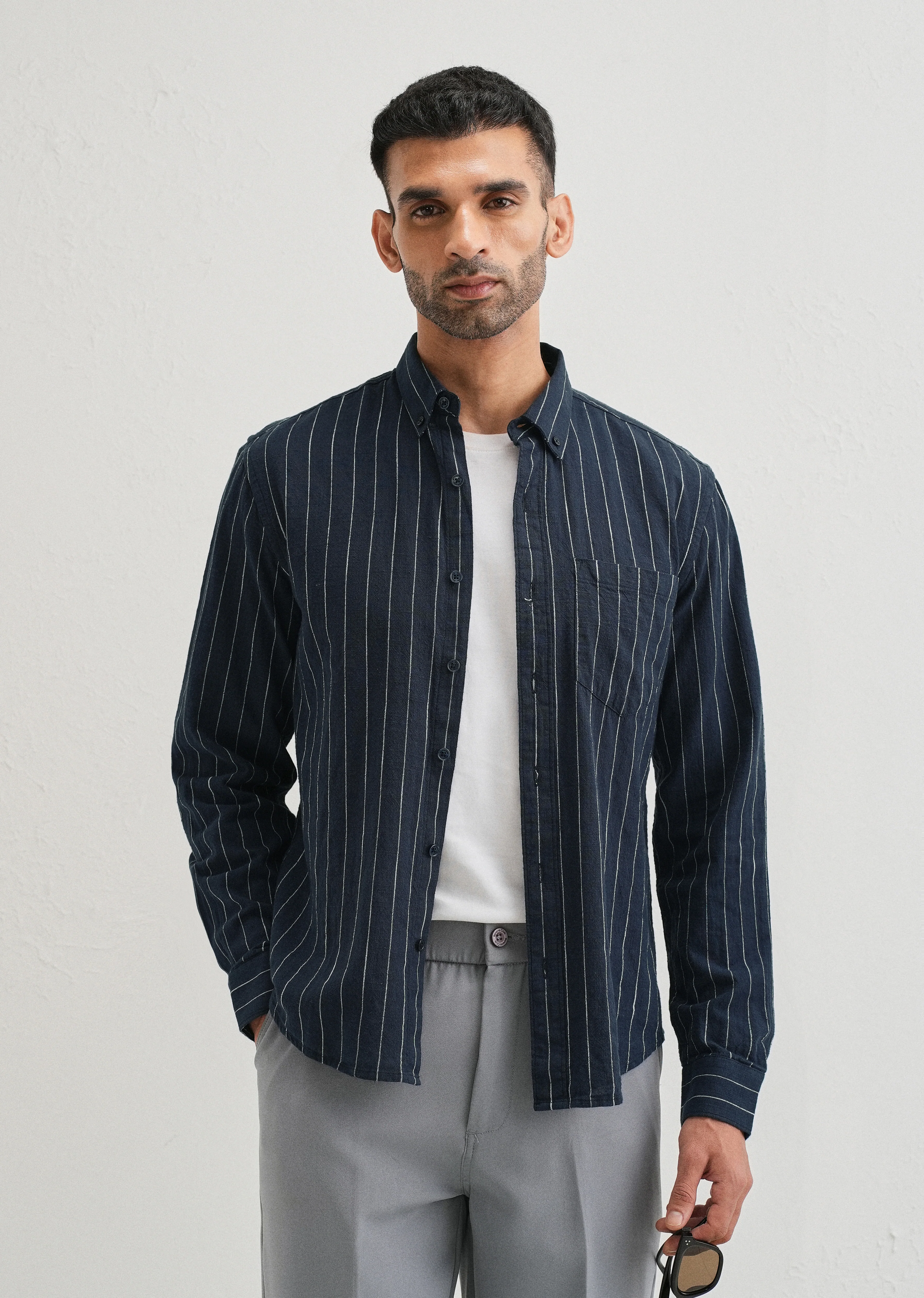 Navy Blue Striped Cotton Linen Shirt - Image 2