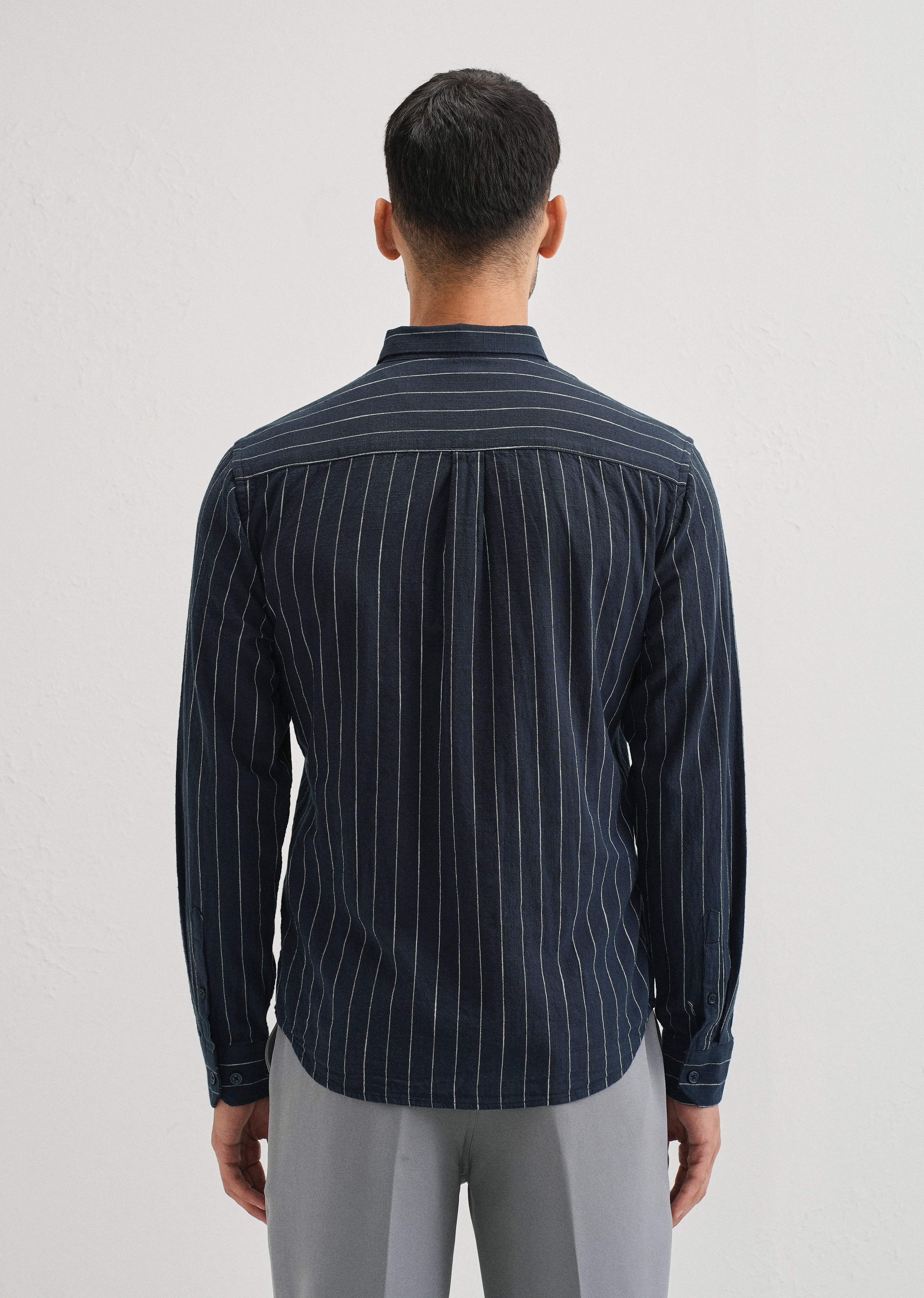 Navy Blue Striped Cotton Linen Shirt - Image 3