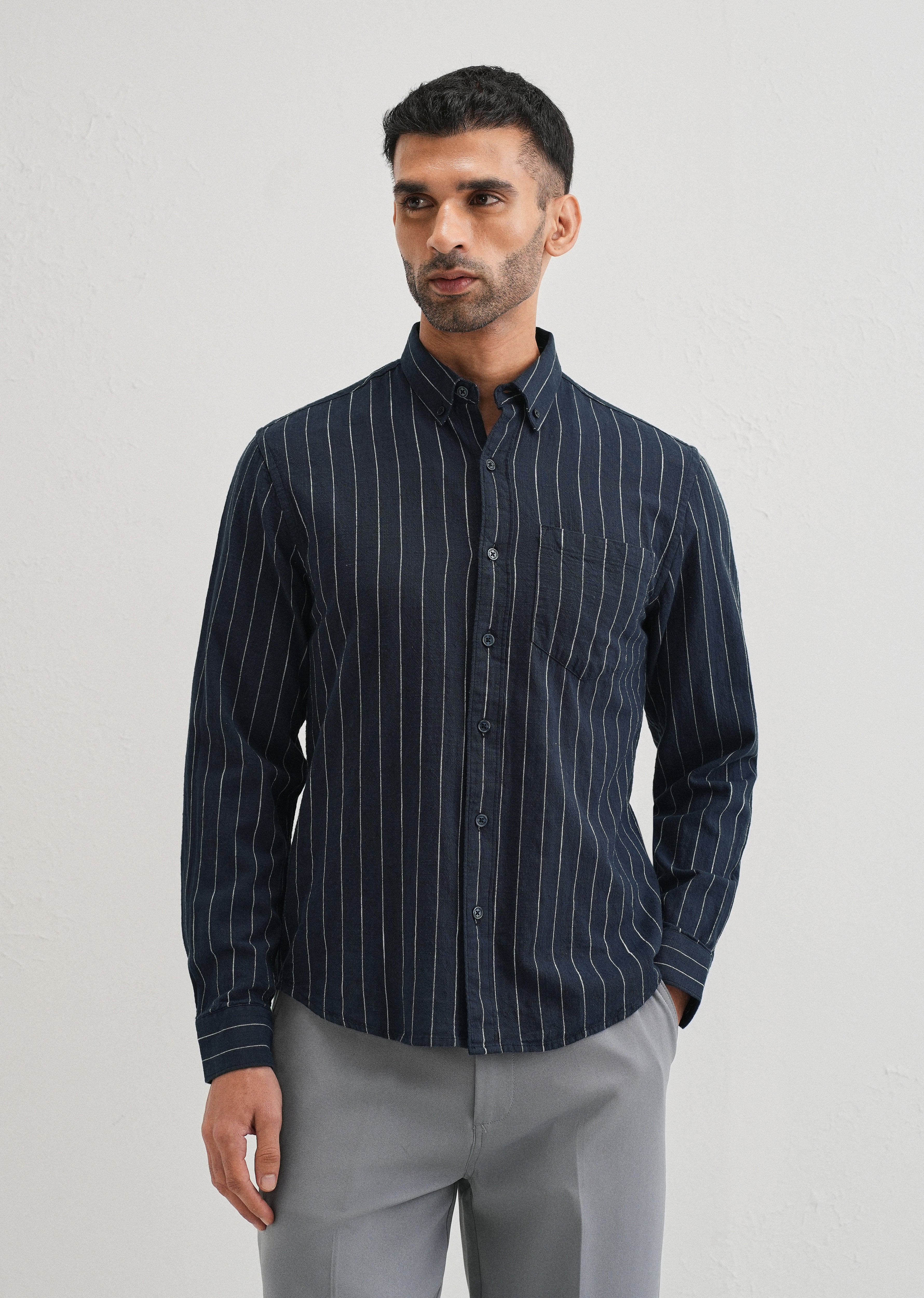 Navy Blue Striped Cotton Linen Shirt - Image 4