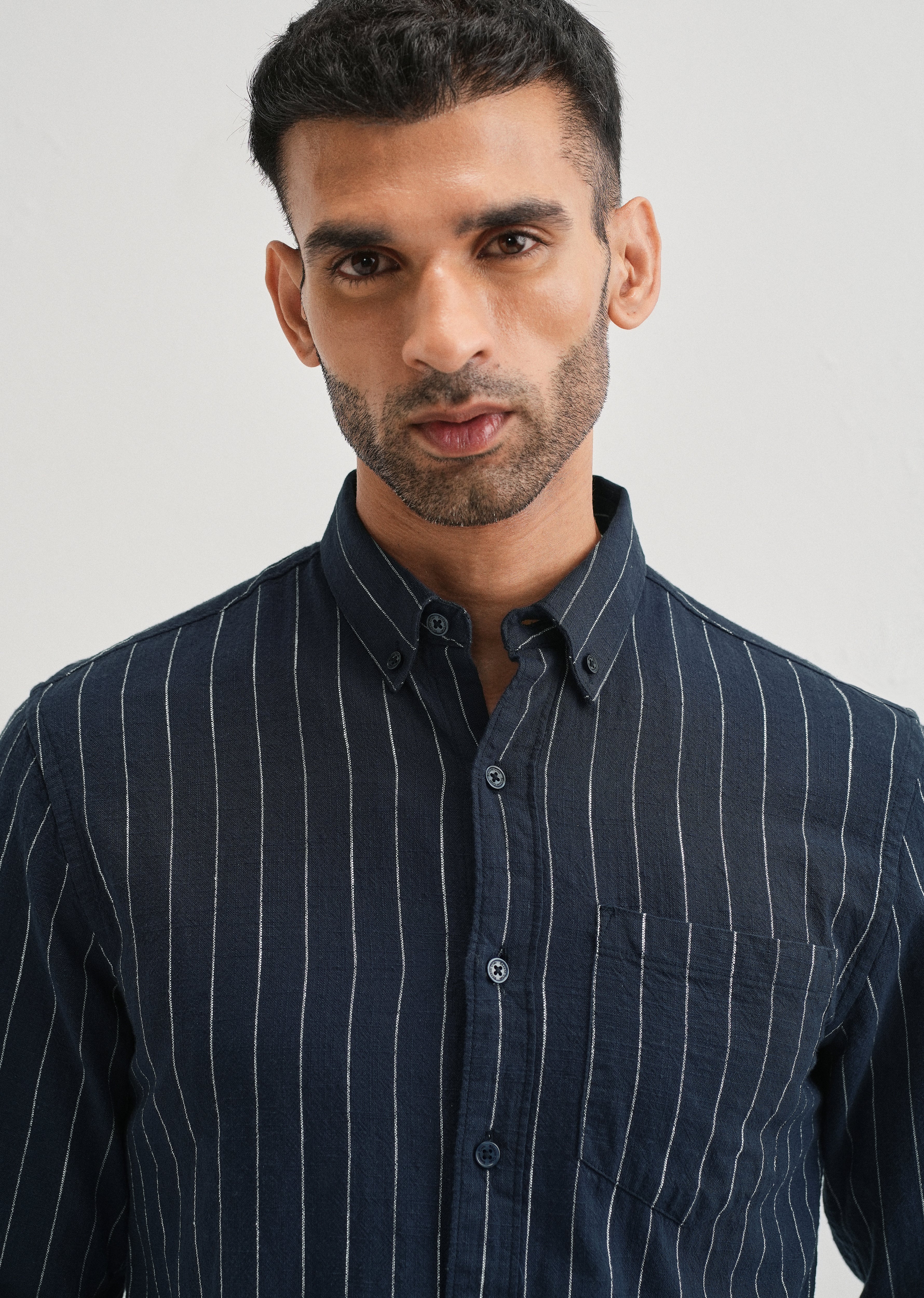 Navy Blue Striped Cotton Linen Shirt - Image 6