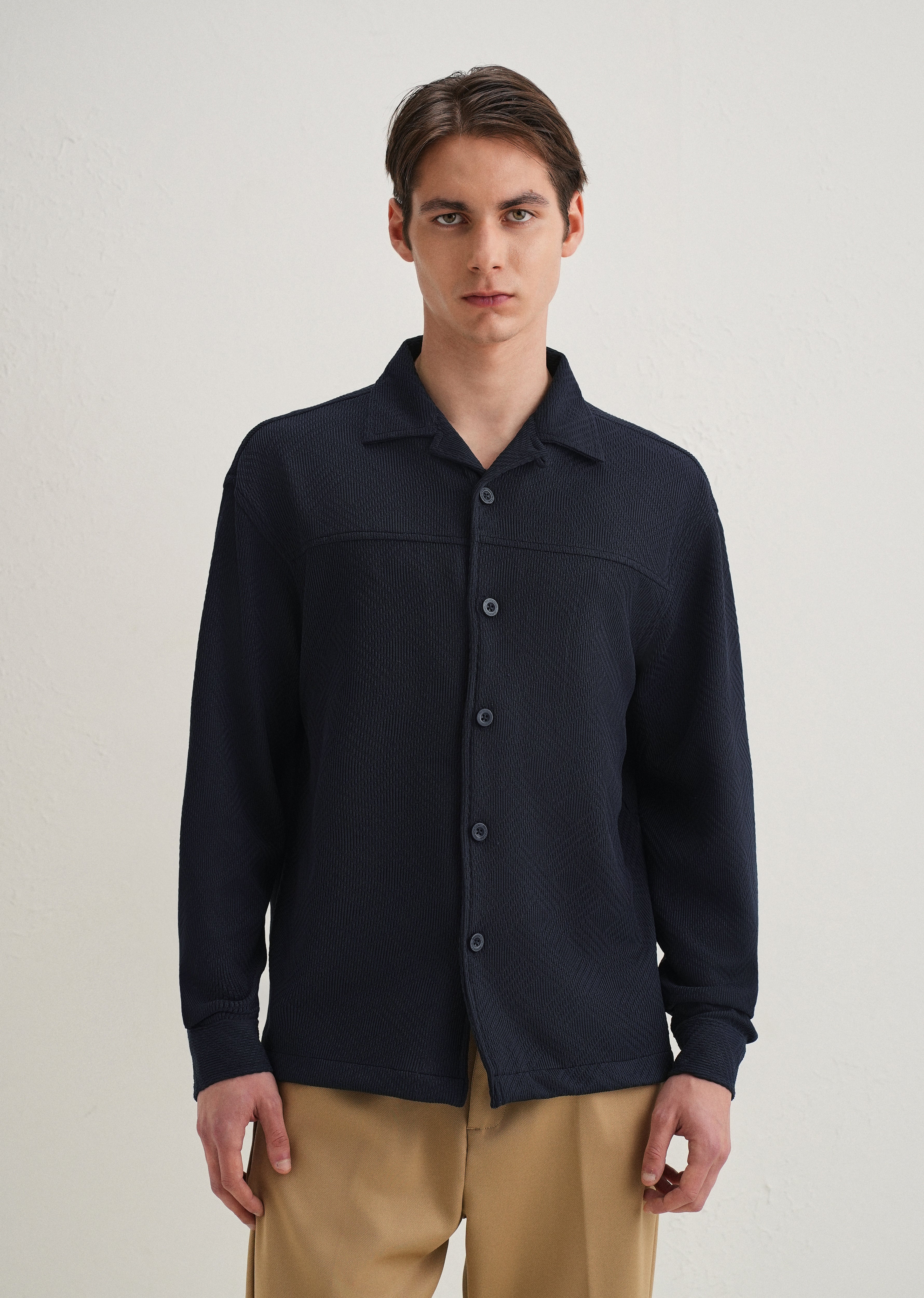 Navy Blue Textured Knit Shacket - Image 5