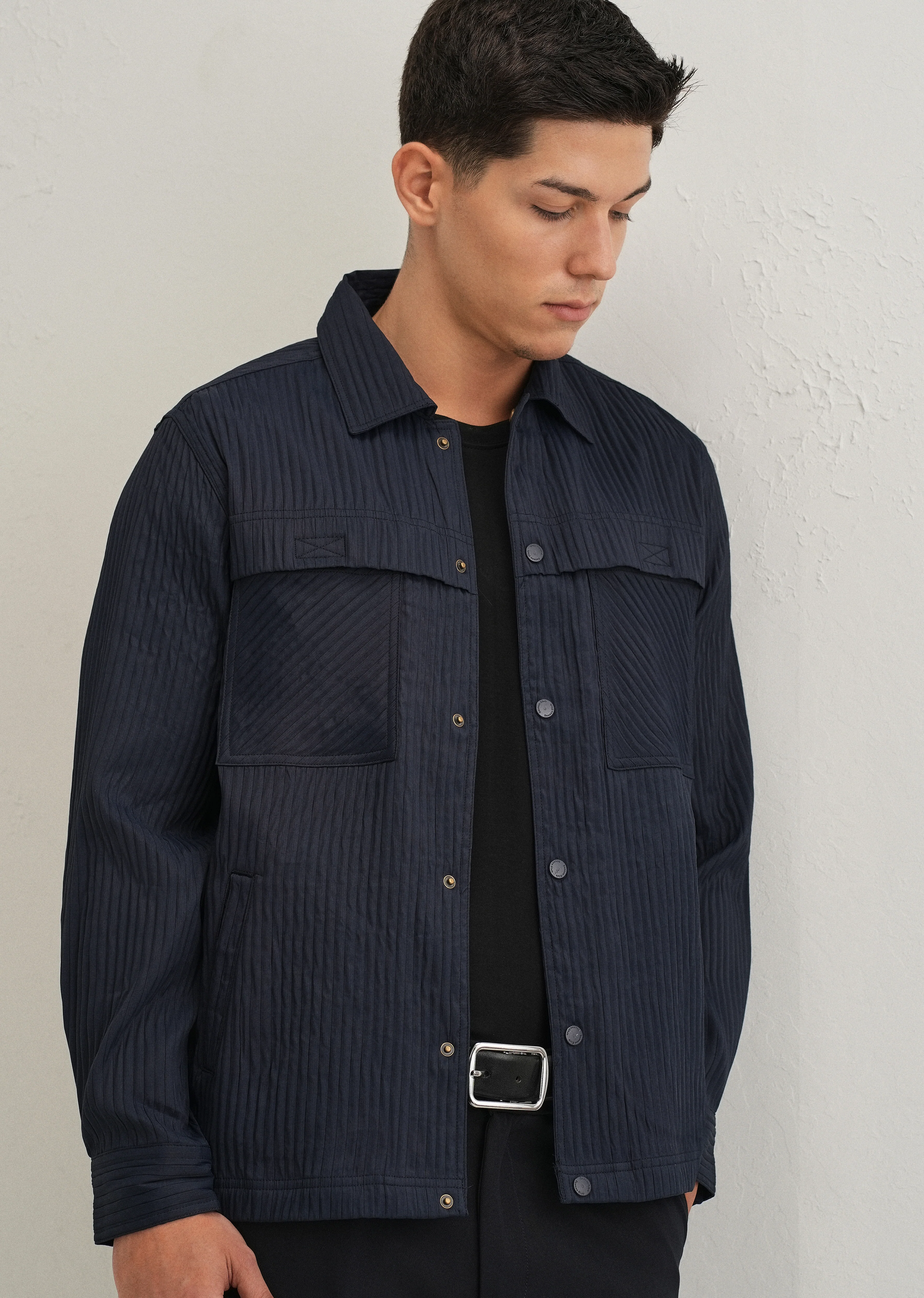 Navy Blue Textured Utility Shacket - Image 8