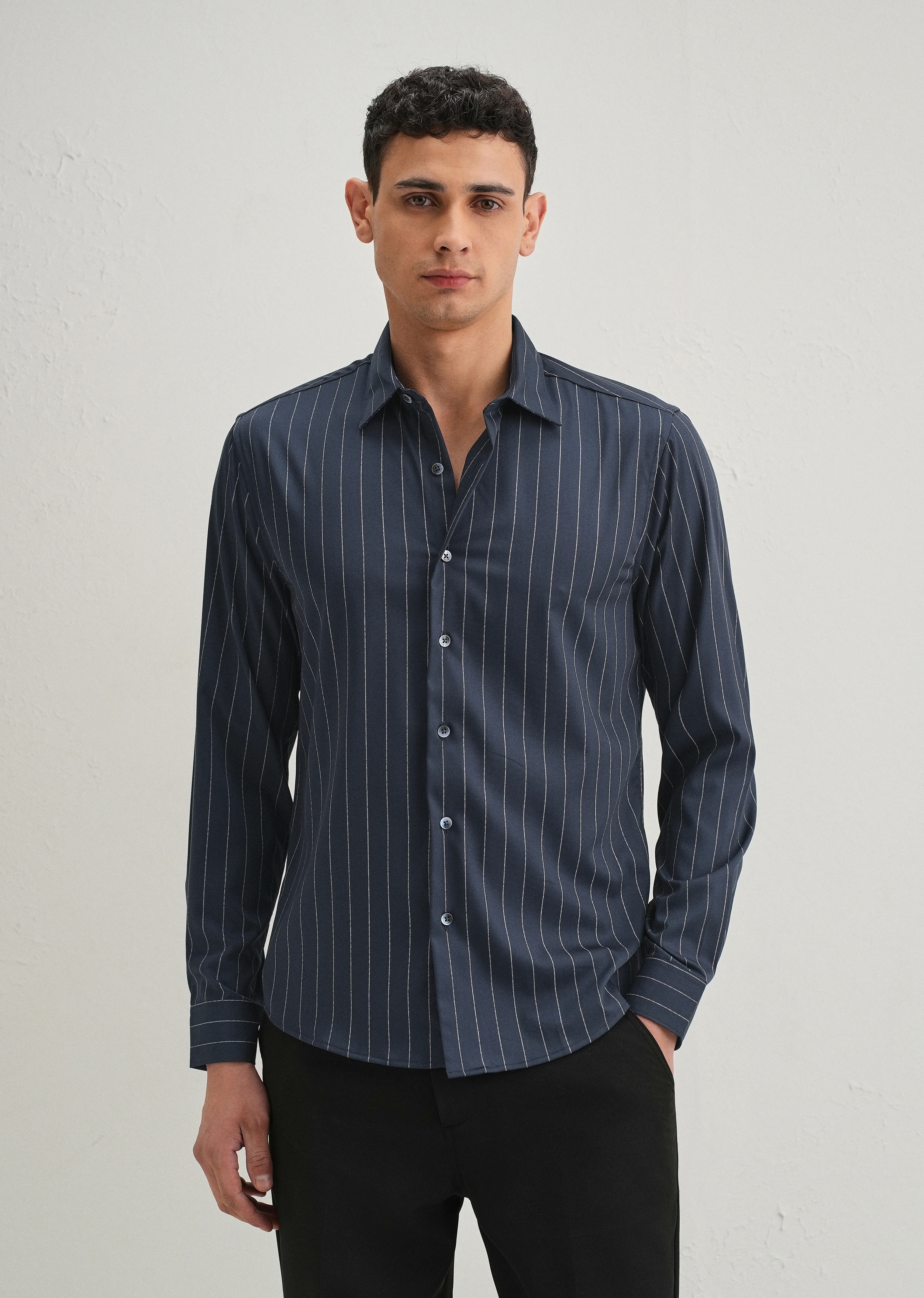 Navy Blue Vertical Stripe Shirt - Image 5