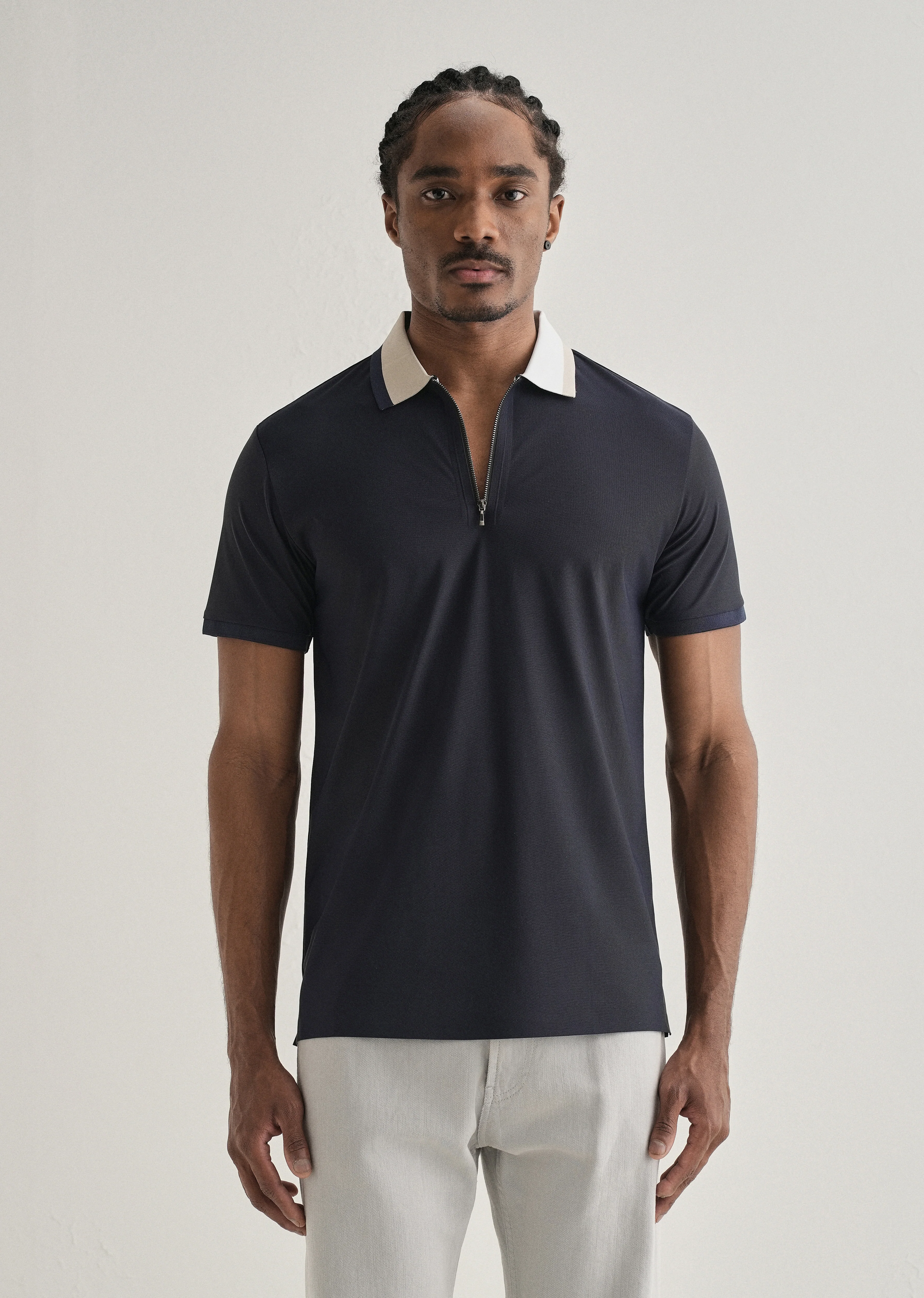 Navy Blue Zipper Polo Collar Seamless T-shirt - Image 3