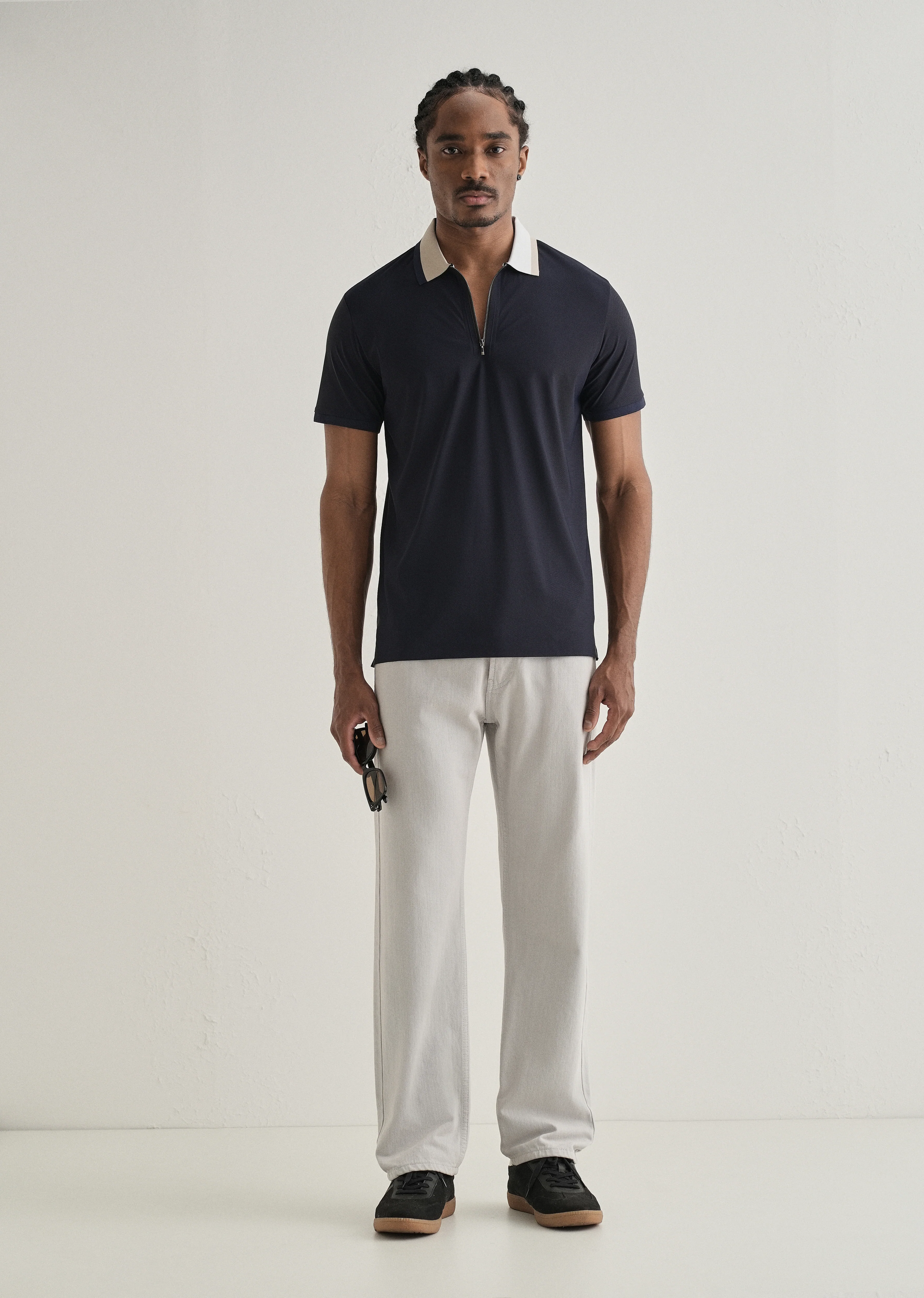 Navy Blue Zipper Polo Collar Seamless T-shirt - Image 6