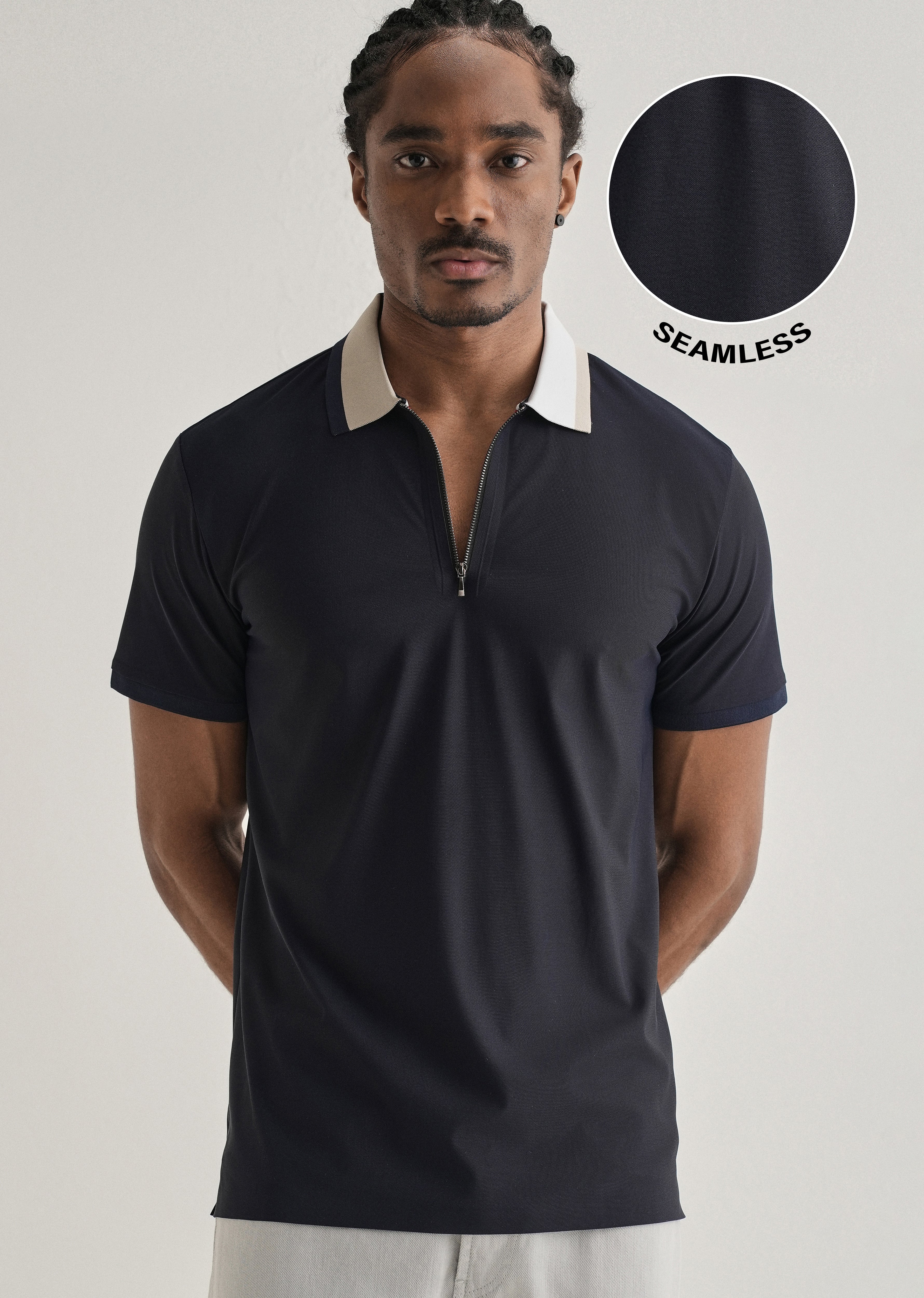 Navy Blue Zipper Polo Collar Seamless T-shirt - Image 7