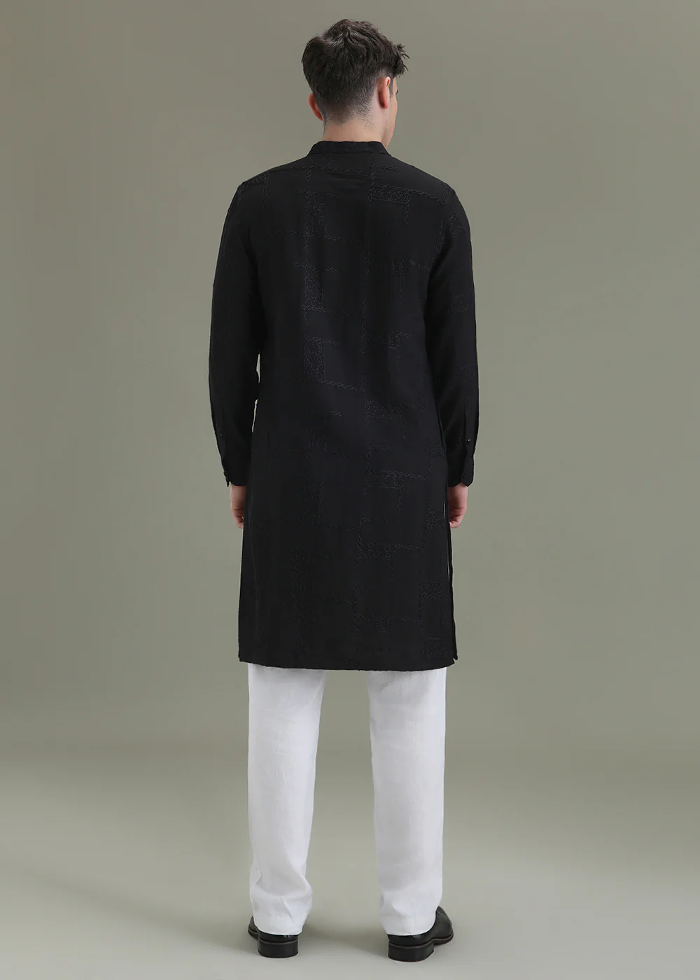 Night Black Self Thread Embroidered Kurta - Image 4