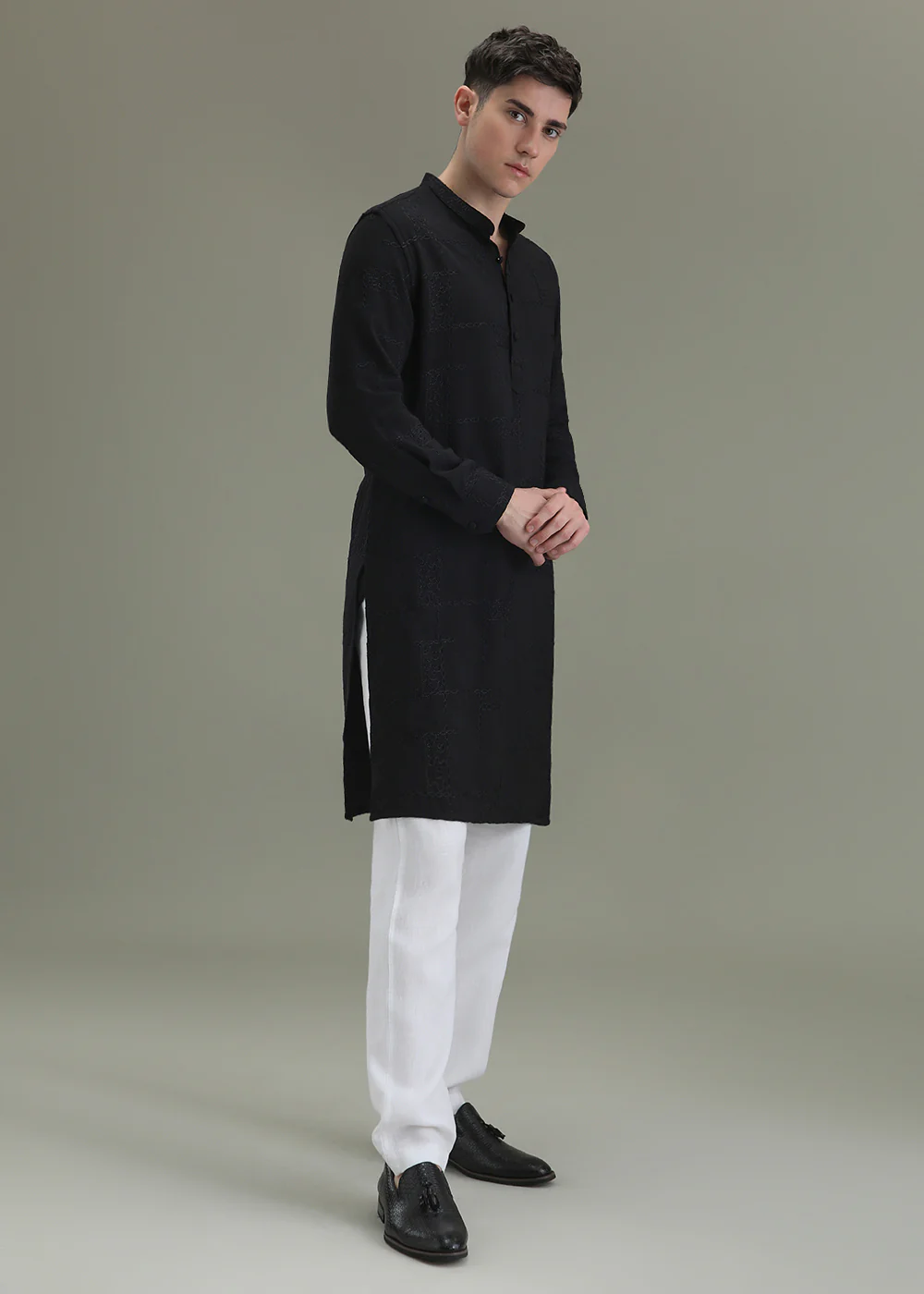 Night Black Self Thread Embroidered Kurta - Image 5