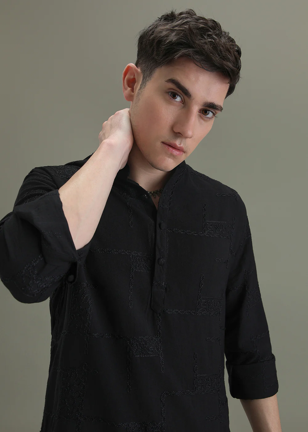 Night Black Self Thread Embroidered Kurta - Image 6