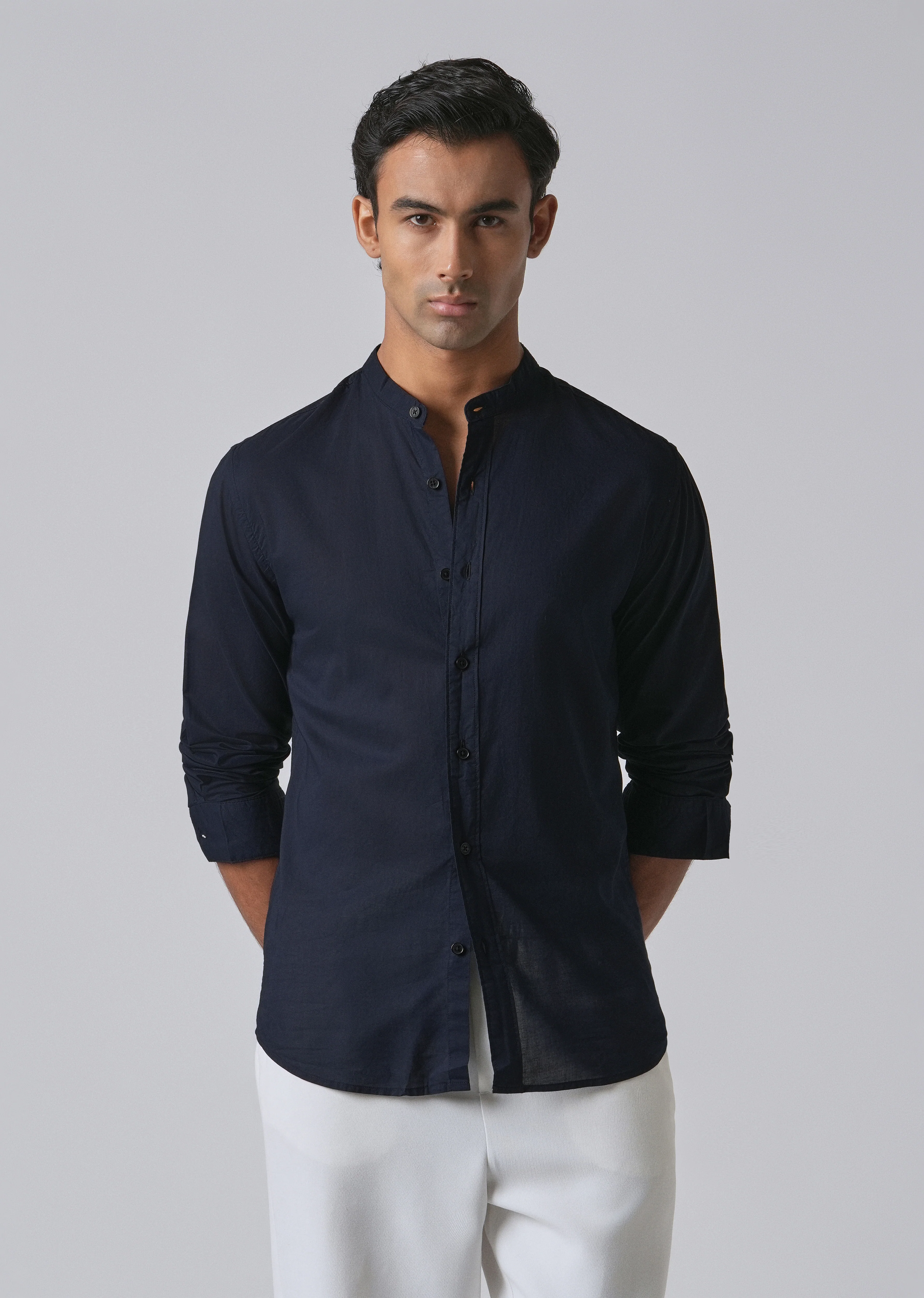 Night Blue Plain Cotton Shirt - Image 7