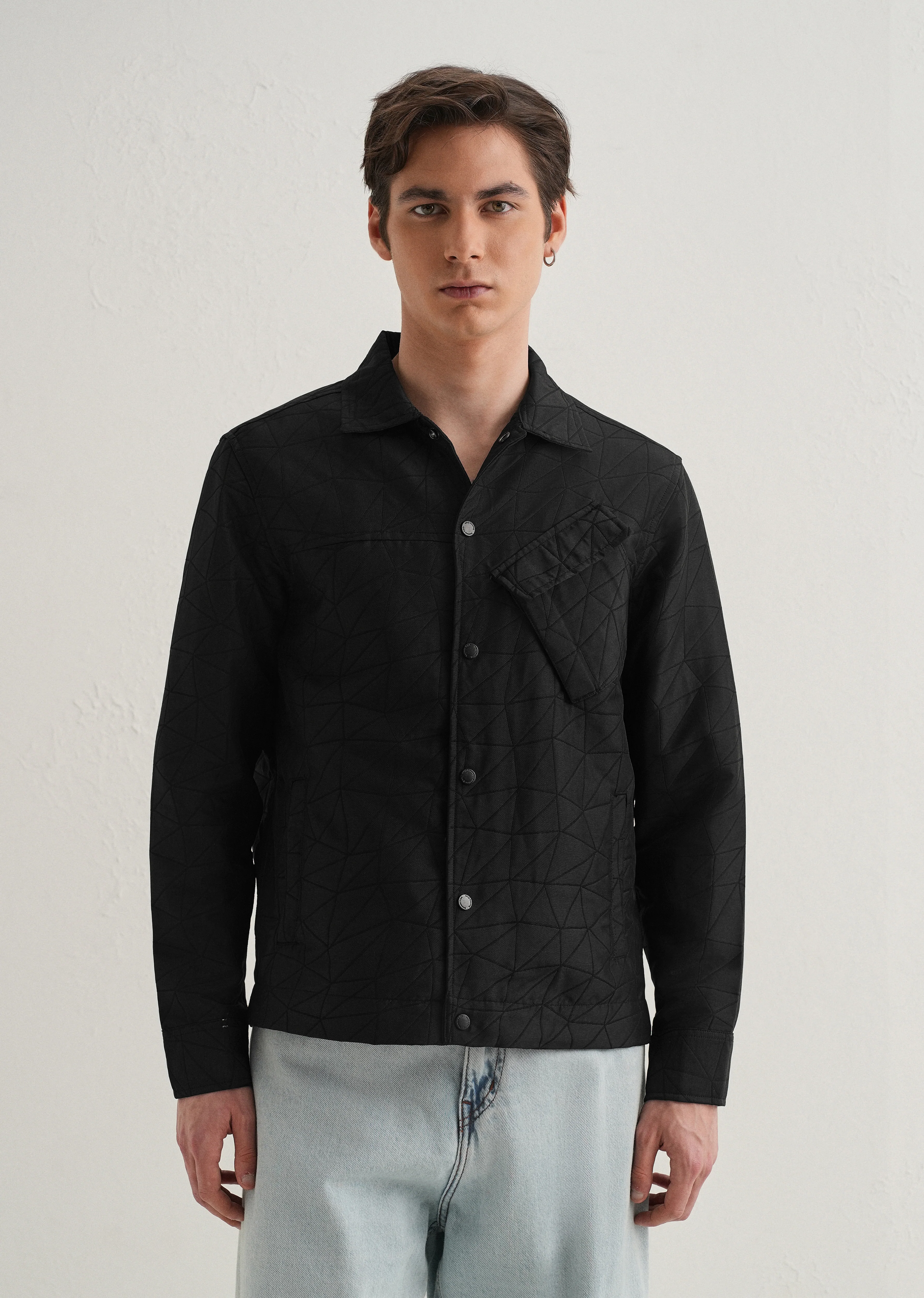 Noir Black Cross Pocket Self Pattern Shacket - Image 3