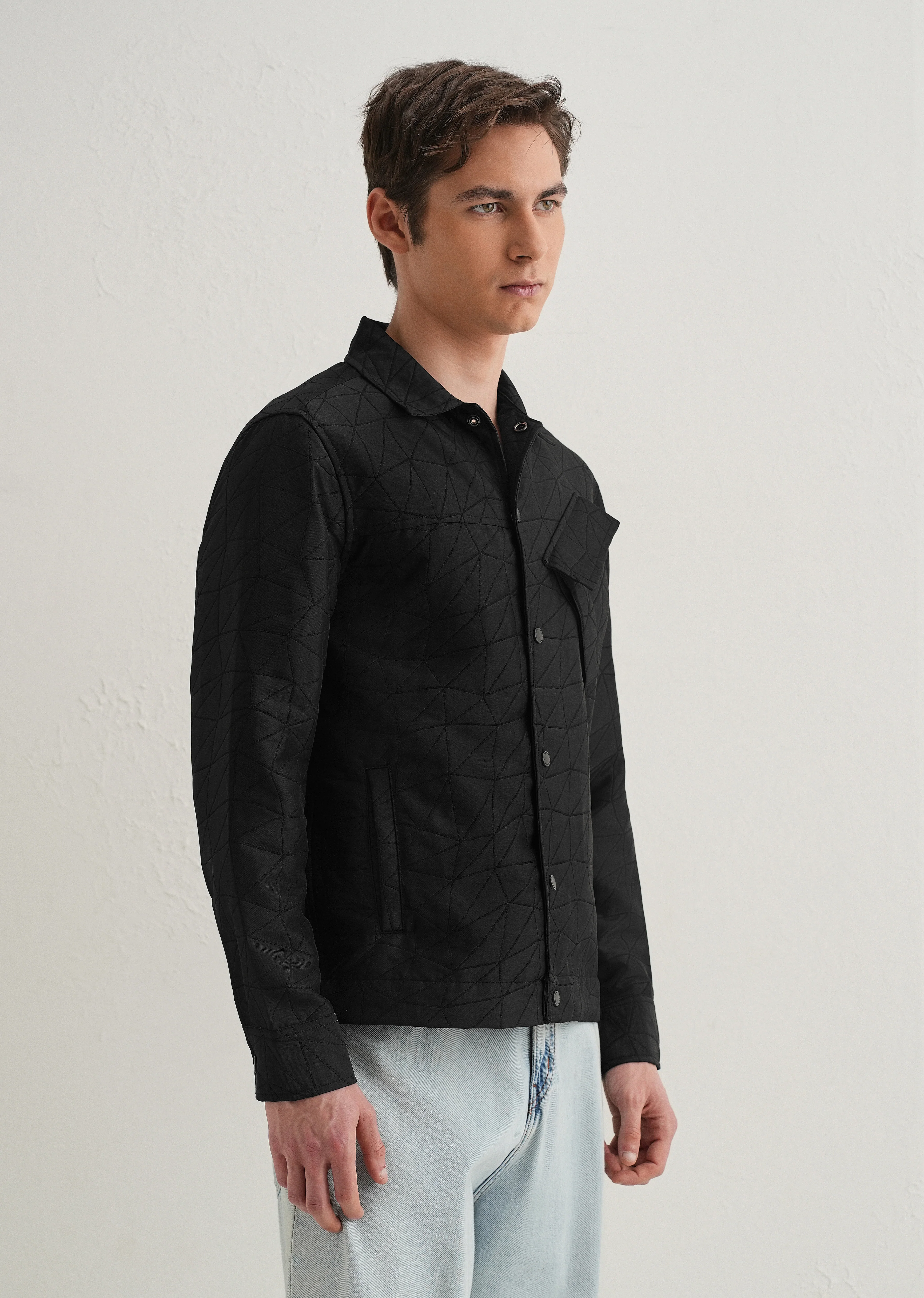Noir Black Cross Pocket Self Pattern Shacket - Image 4