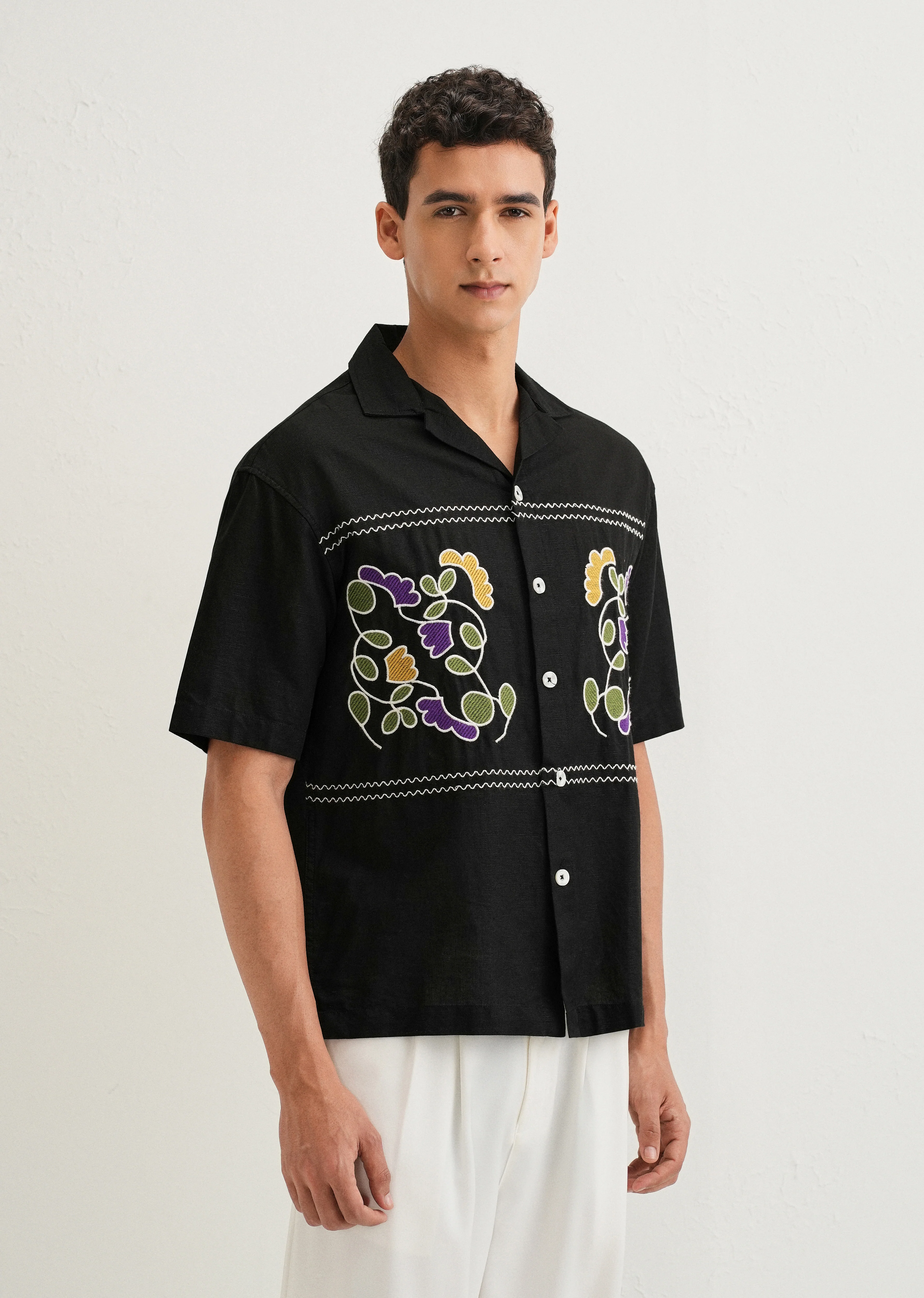 Noir Black Embroidery Cuban Collar Shirt - Image 4