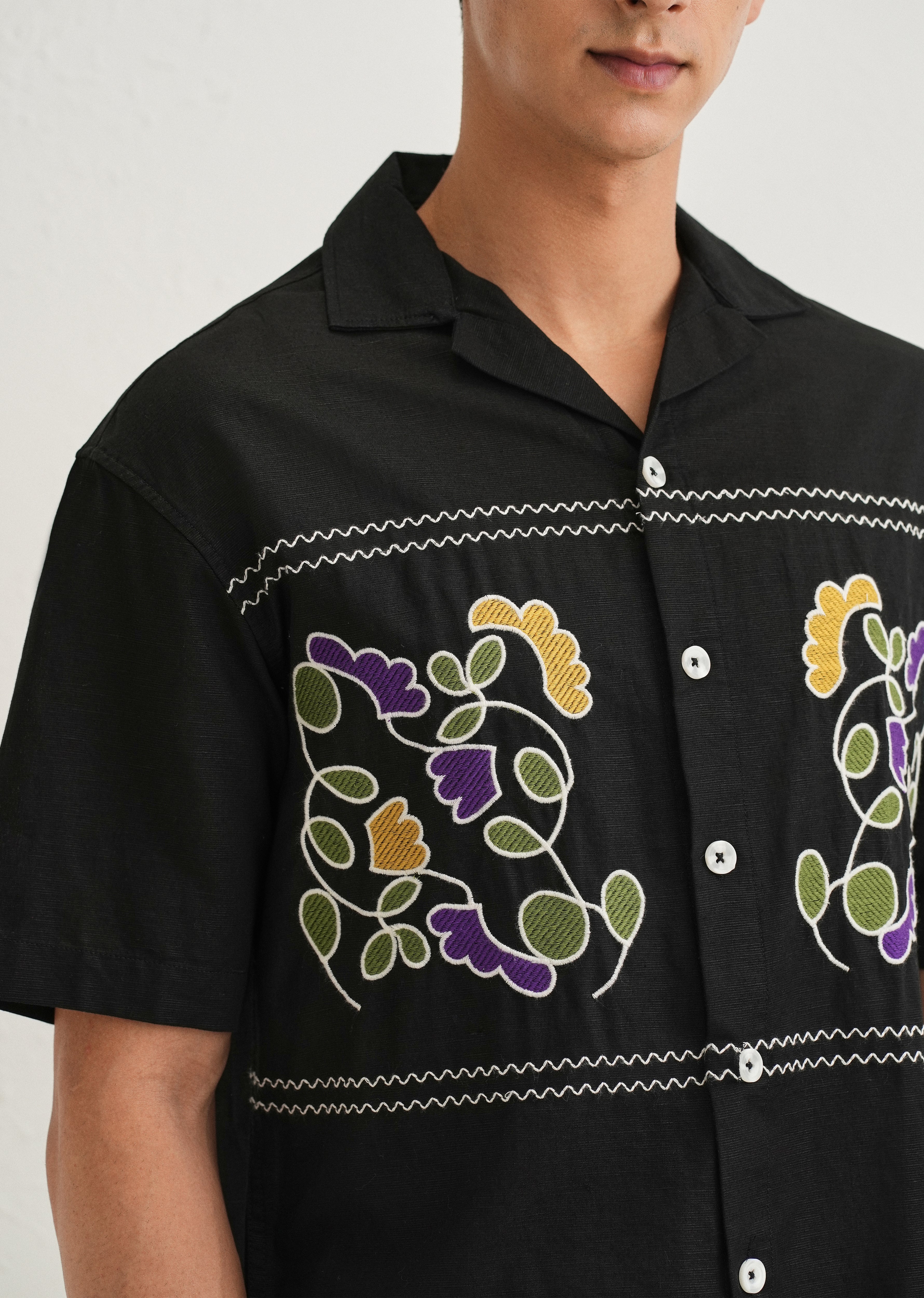 Noir Black Embroidery Cuban Collar Shirt - Image 5