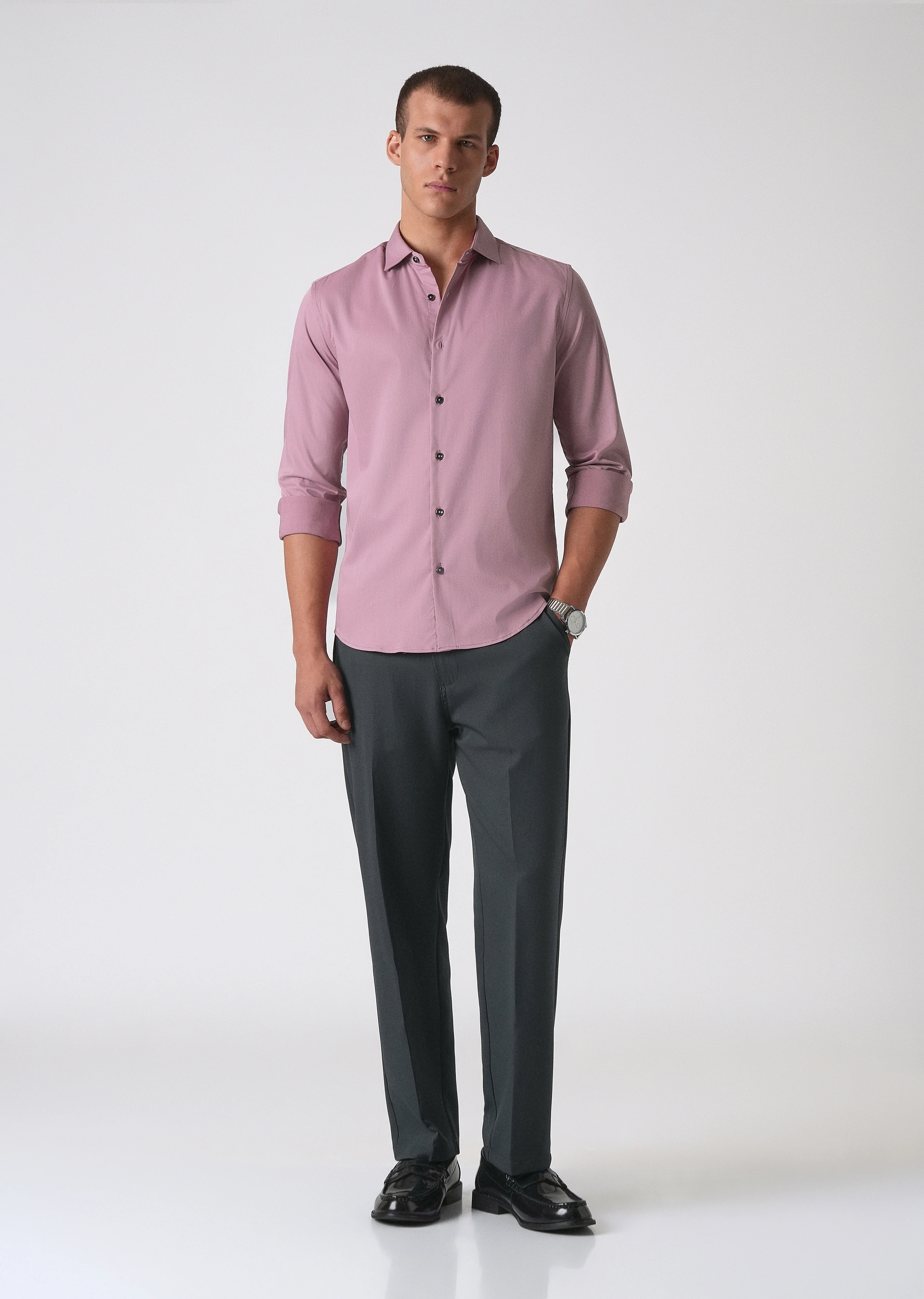 Nude Pink Cotton Stretch Plain Shirt - Image 6