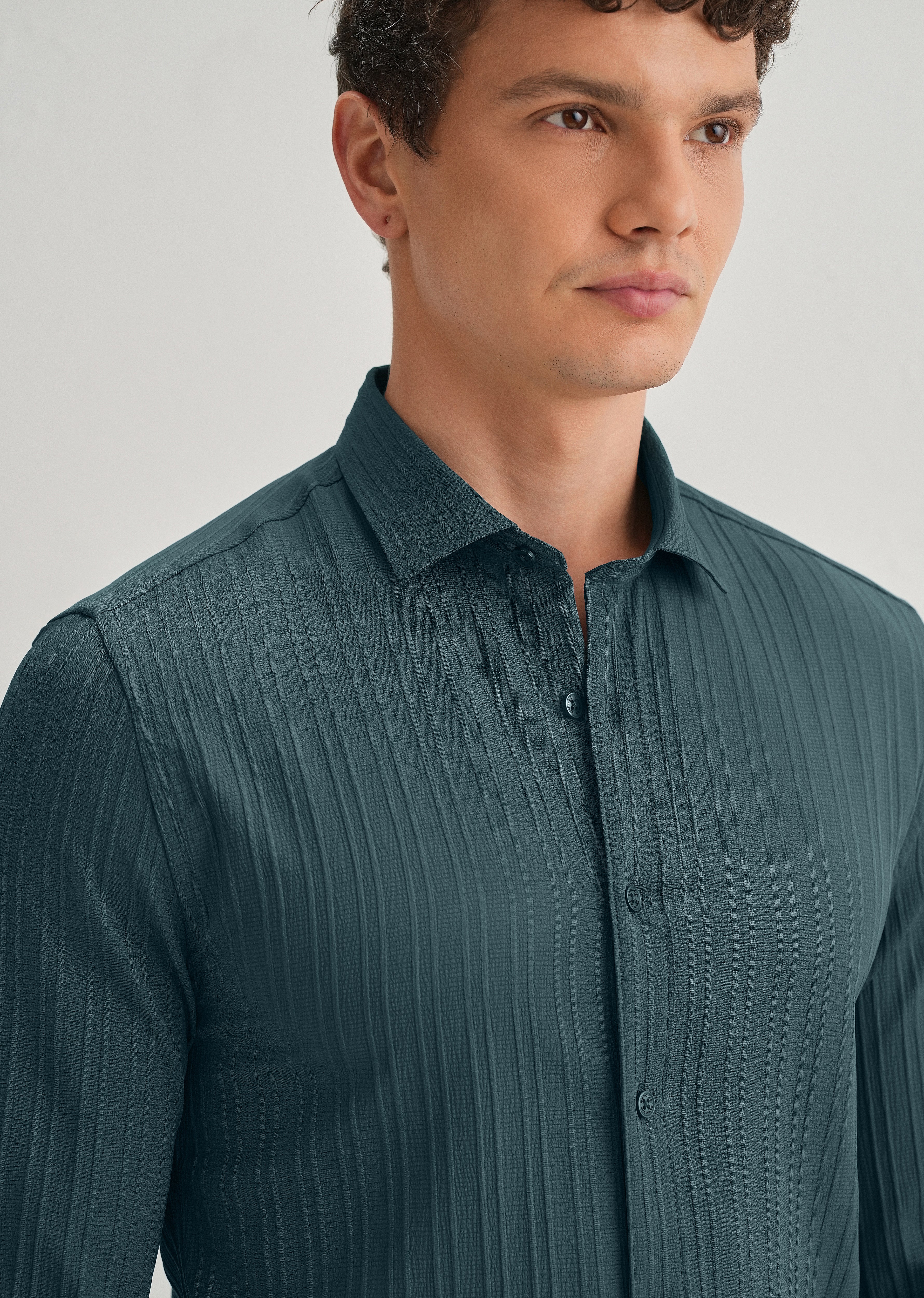 Ocean Green Plain Self Striped Shirt - Image 2