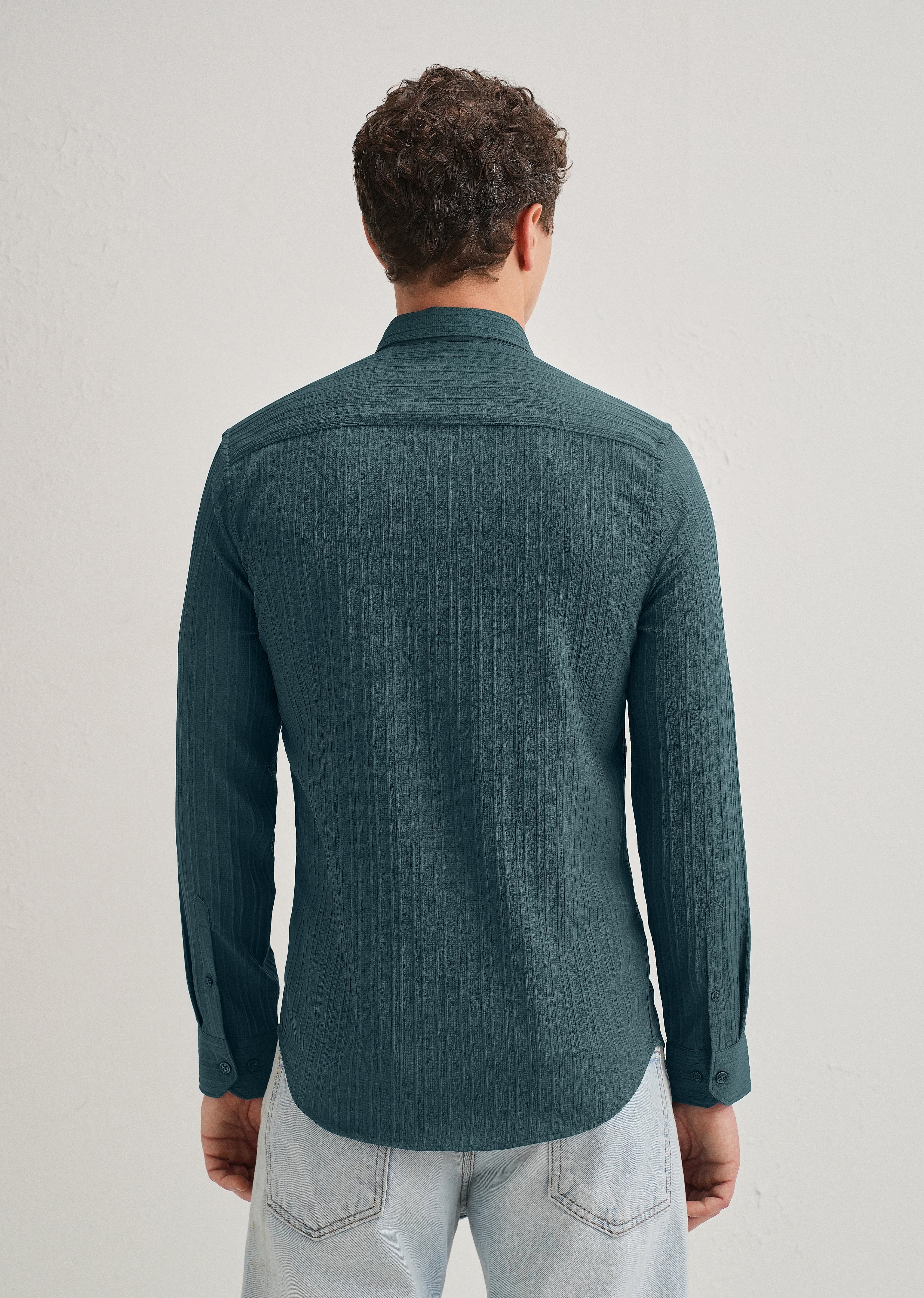 Ocean Green Plain Self Striped Shirt - Image 3