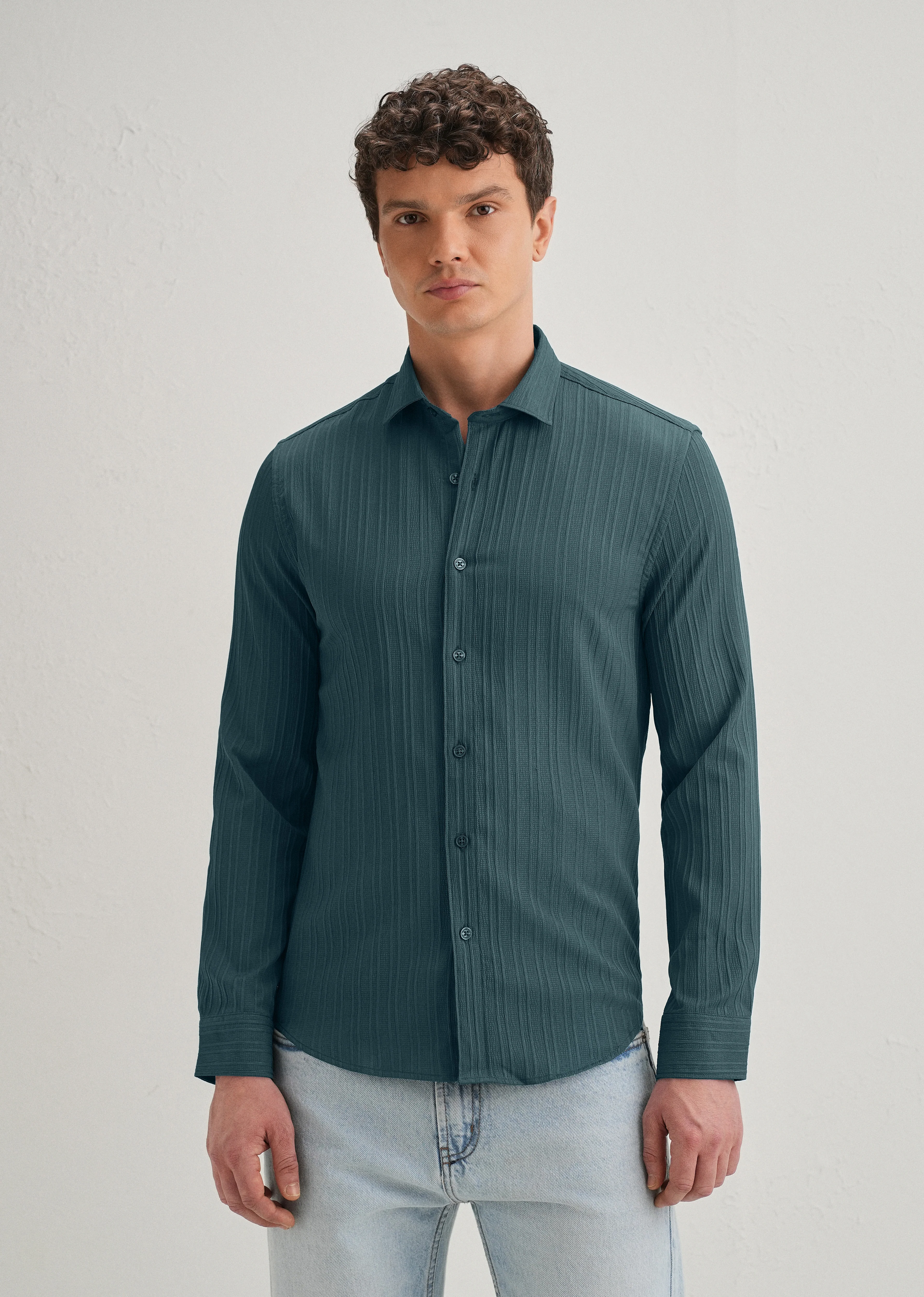 Ocean Green Plain Self Striped Shirt - Image 4