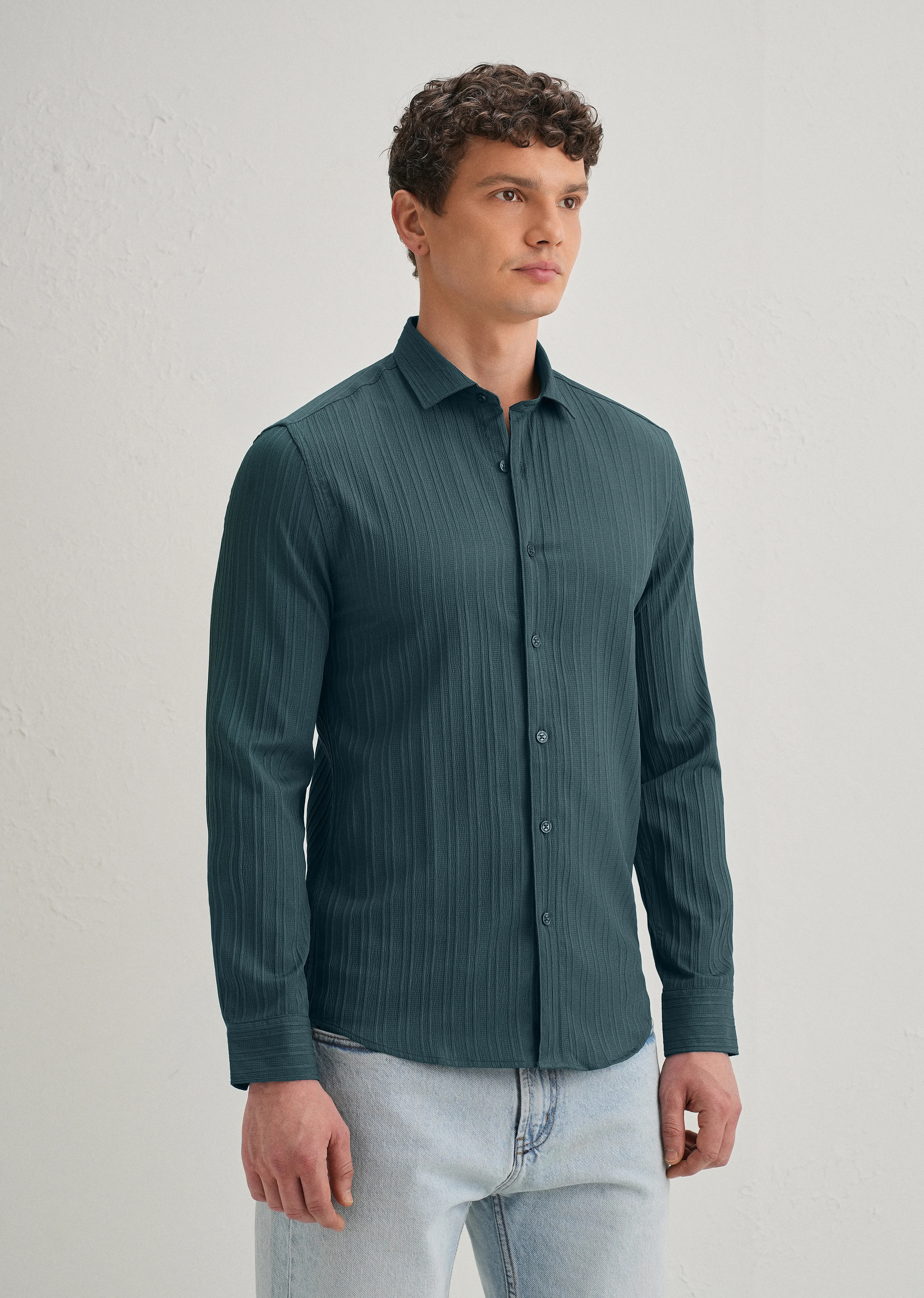 Ocean Green Plain Self Striped Shirt - Image 5