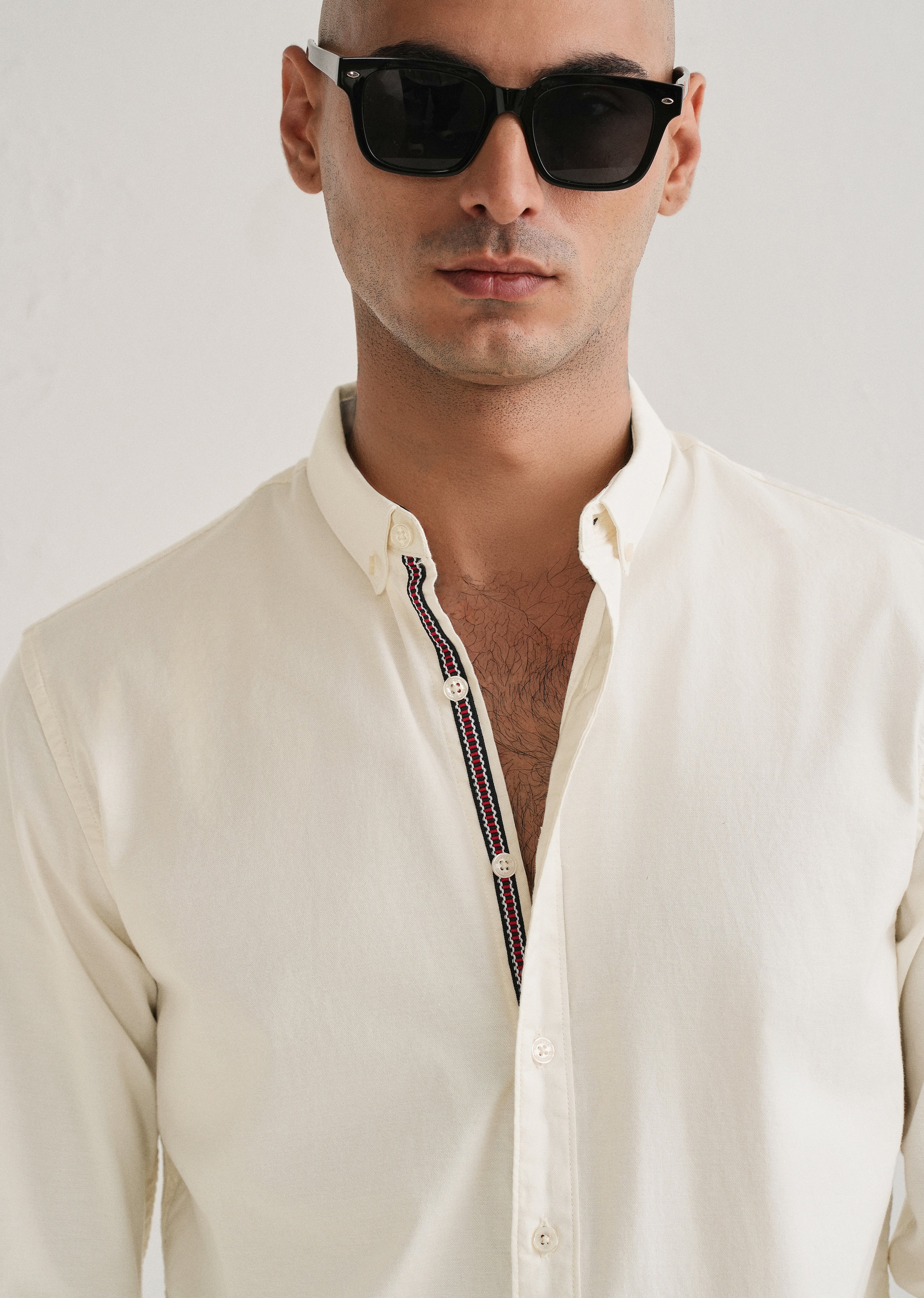 Off White Contrast Placket Shirt - Image 5