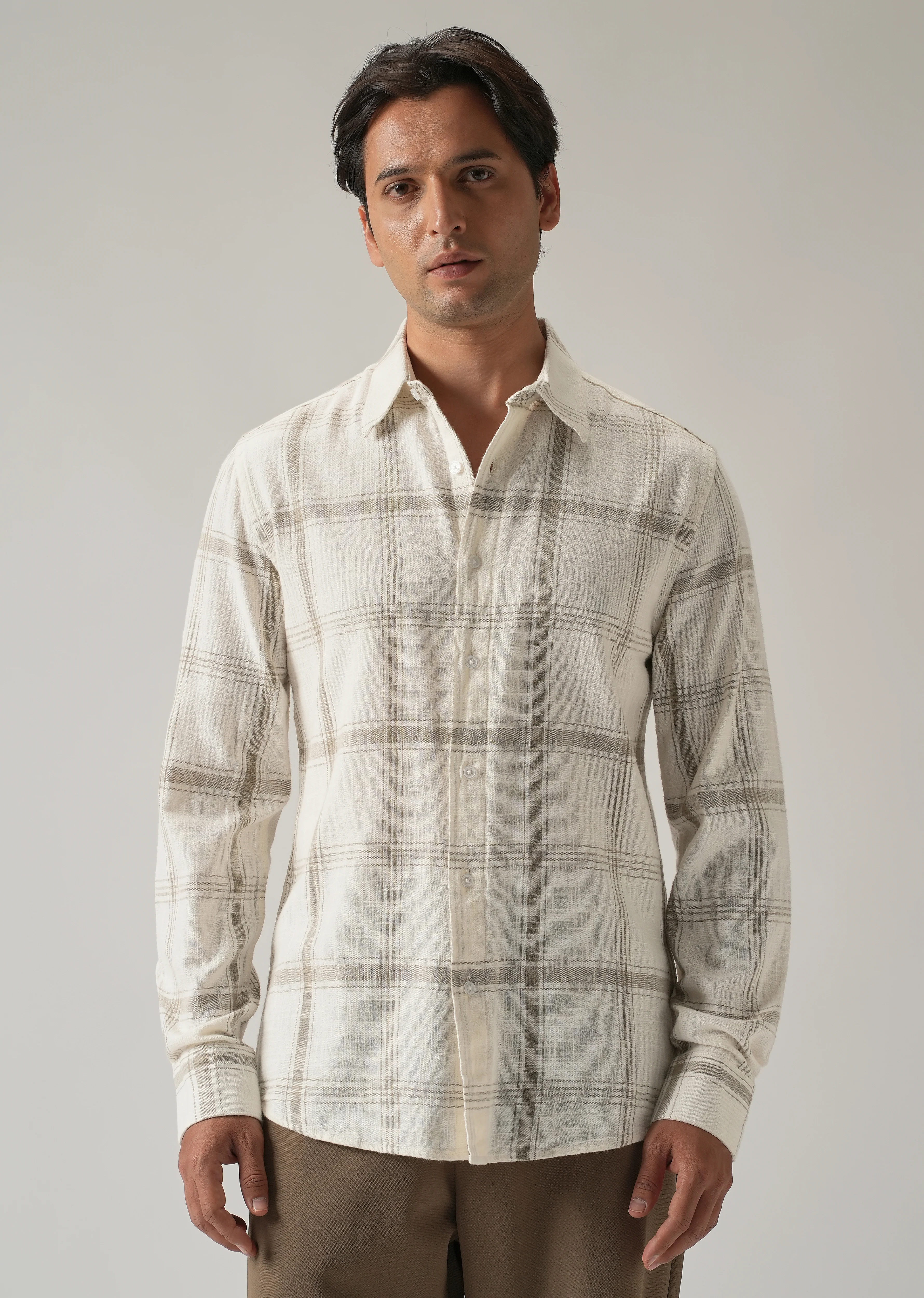 Off White Cotton Linen Check shirt - Image 3