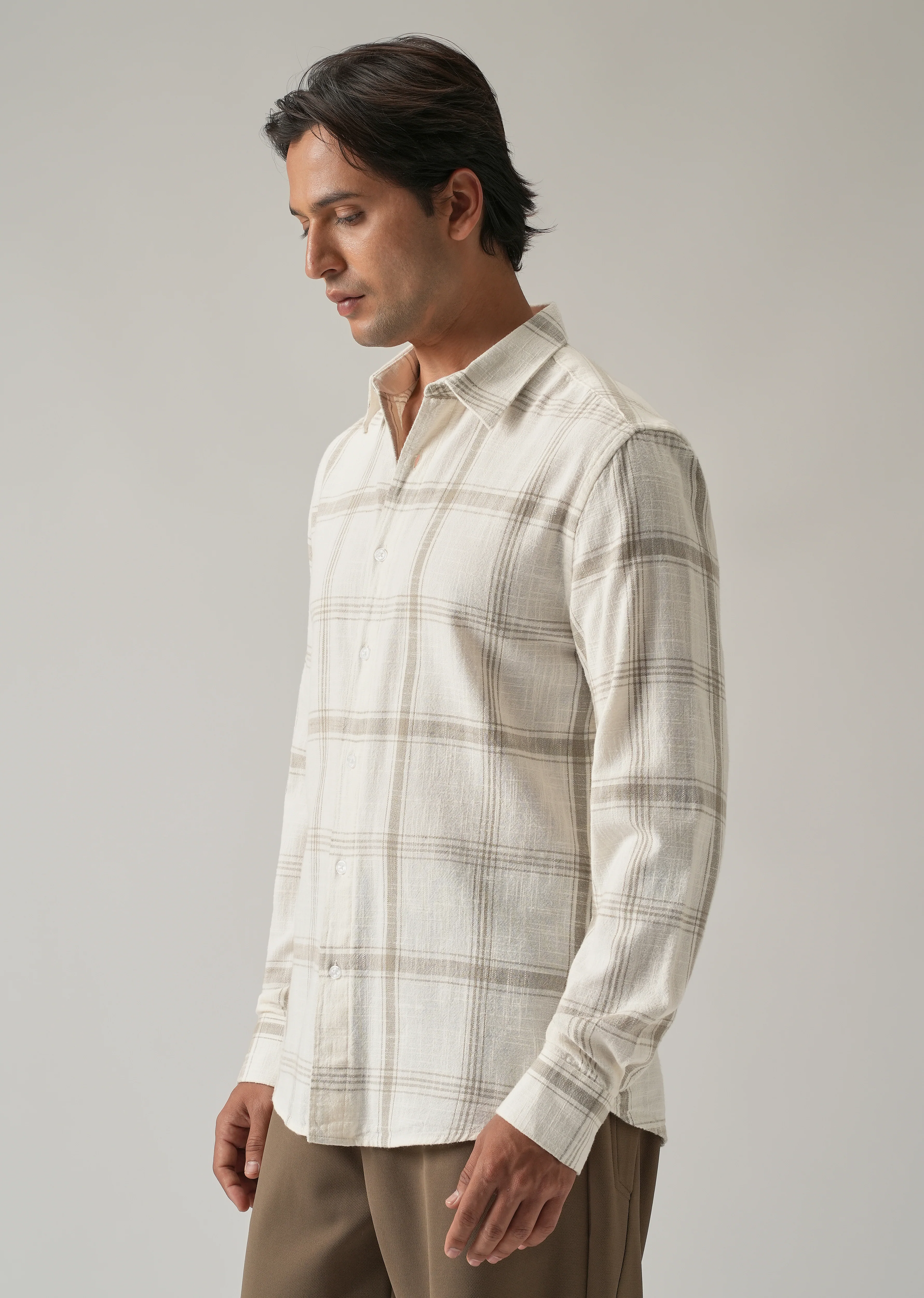 Off White Cotton Linen Check shirt - Image 4