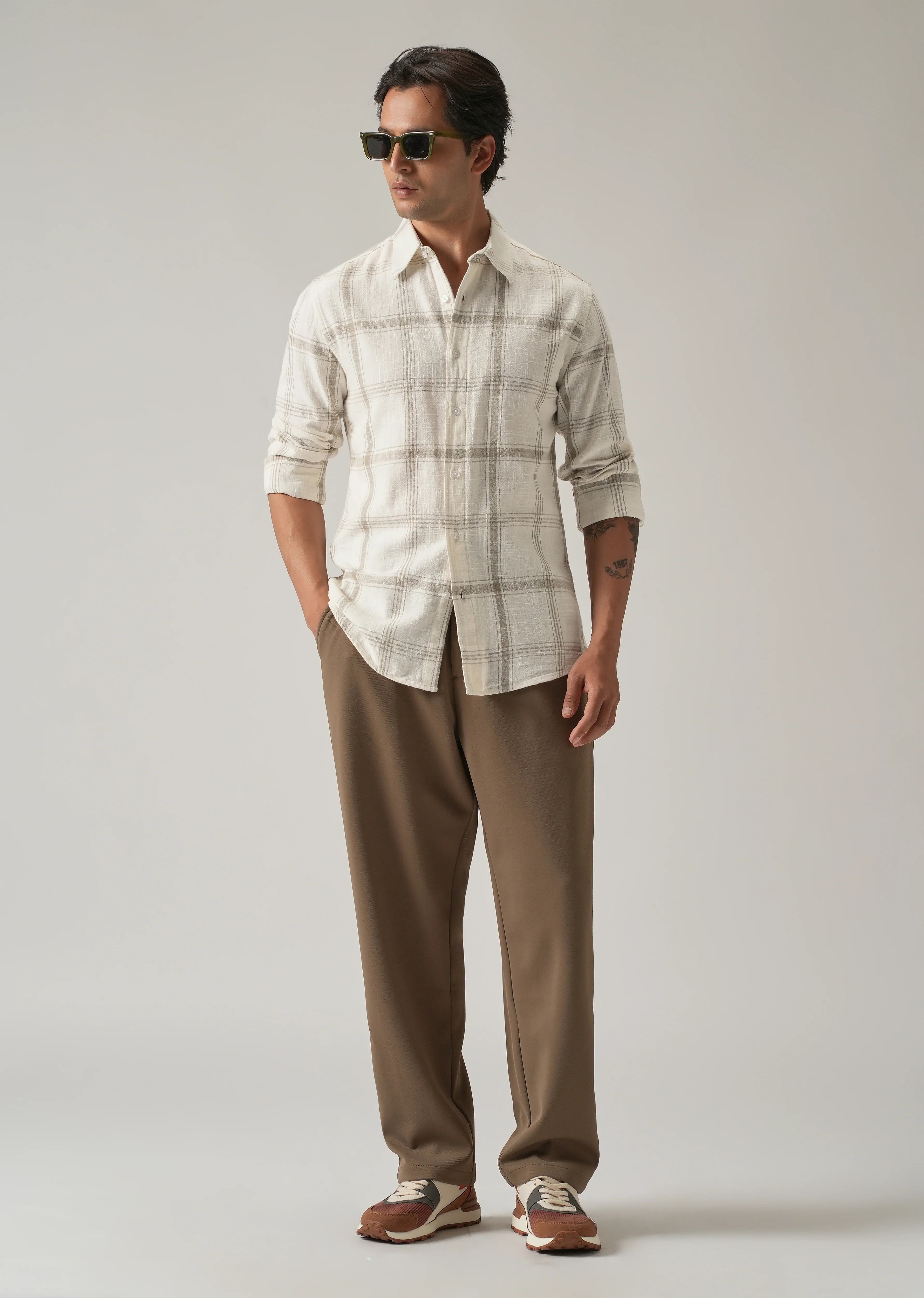 Off White Cotton Linen Check shirt - Image 6
